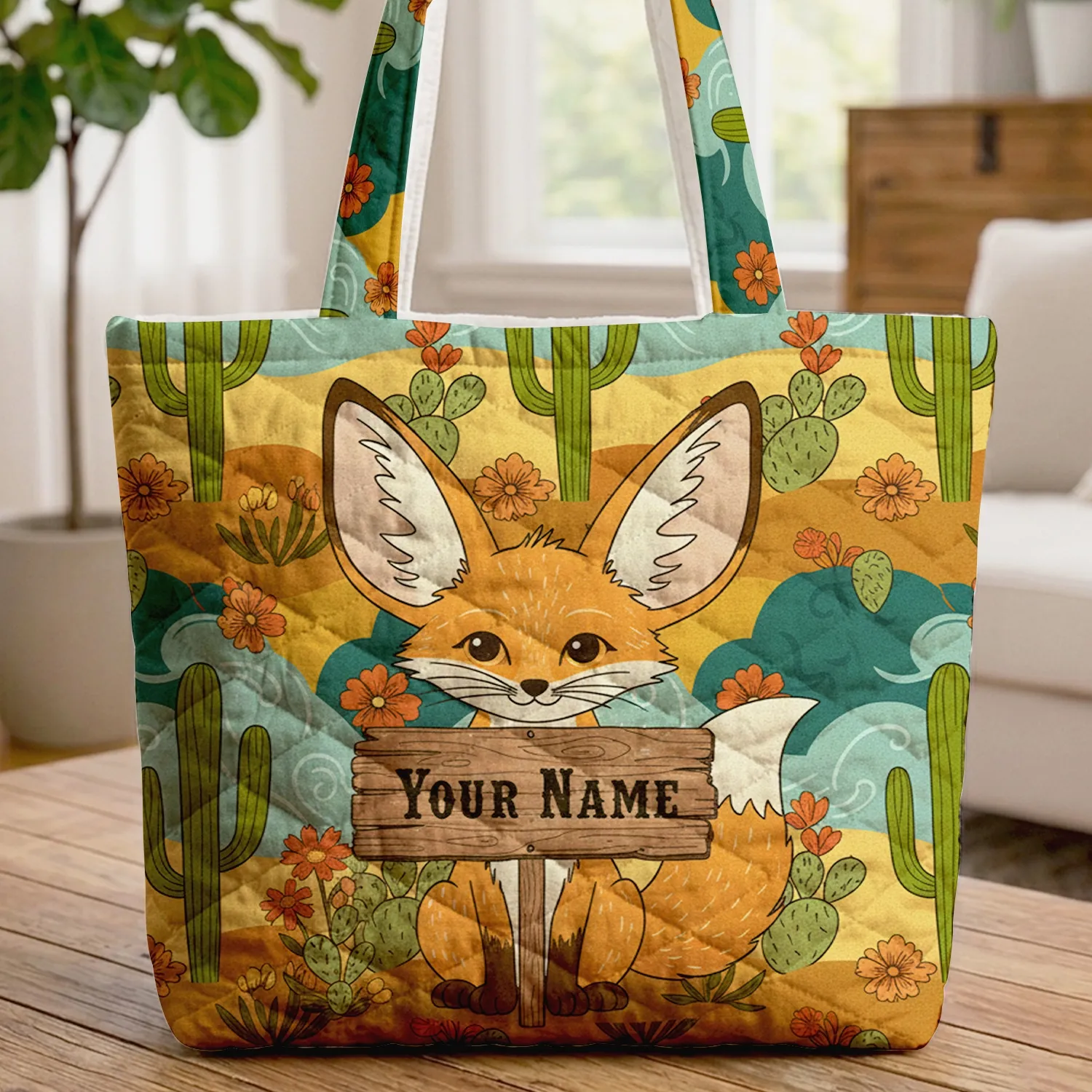 Fennec Fox Desert Cacti Personalized Sign - Everyday Carry Gift Quilted Tote Bag - 1