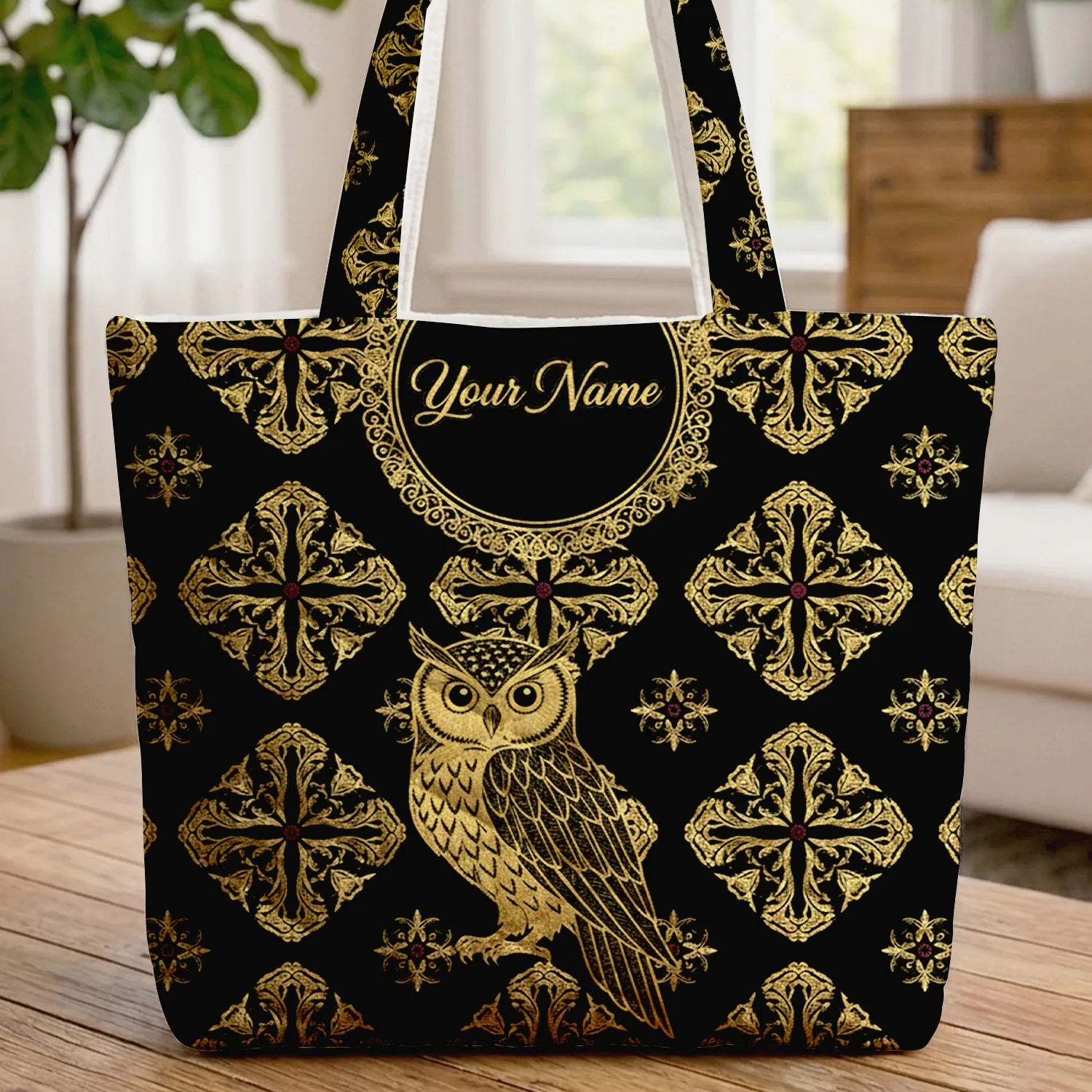 Majestic Owl Gold Medallion Crosses Baroque Flourish - Wildlife Lover Gift Quilted Tote Bag - 1