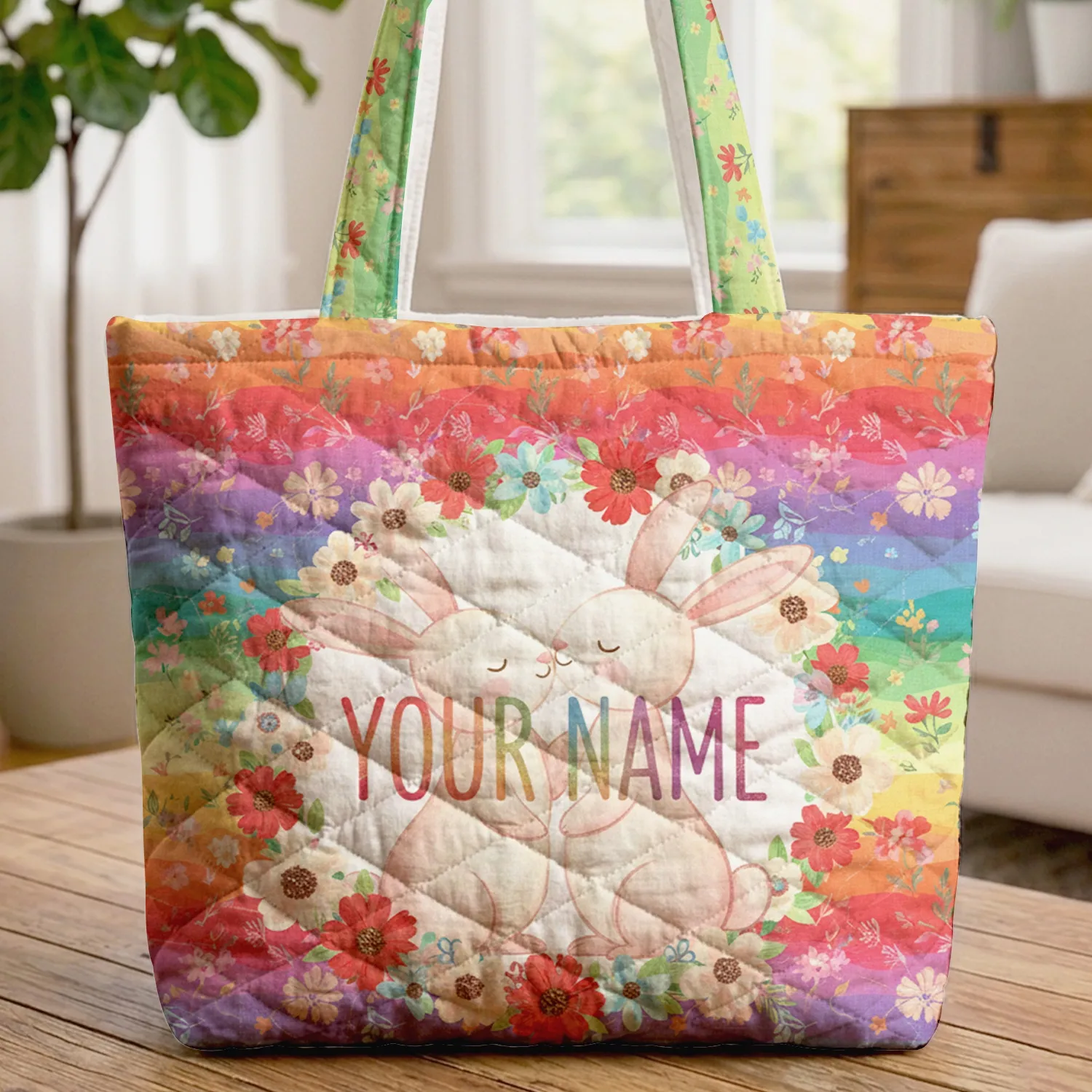 Bunnies Nuzzling Flowers Name Floral Wreath - Everyday Tote Quilted Tote Bag - 1
