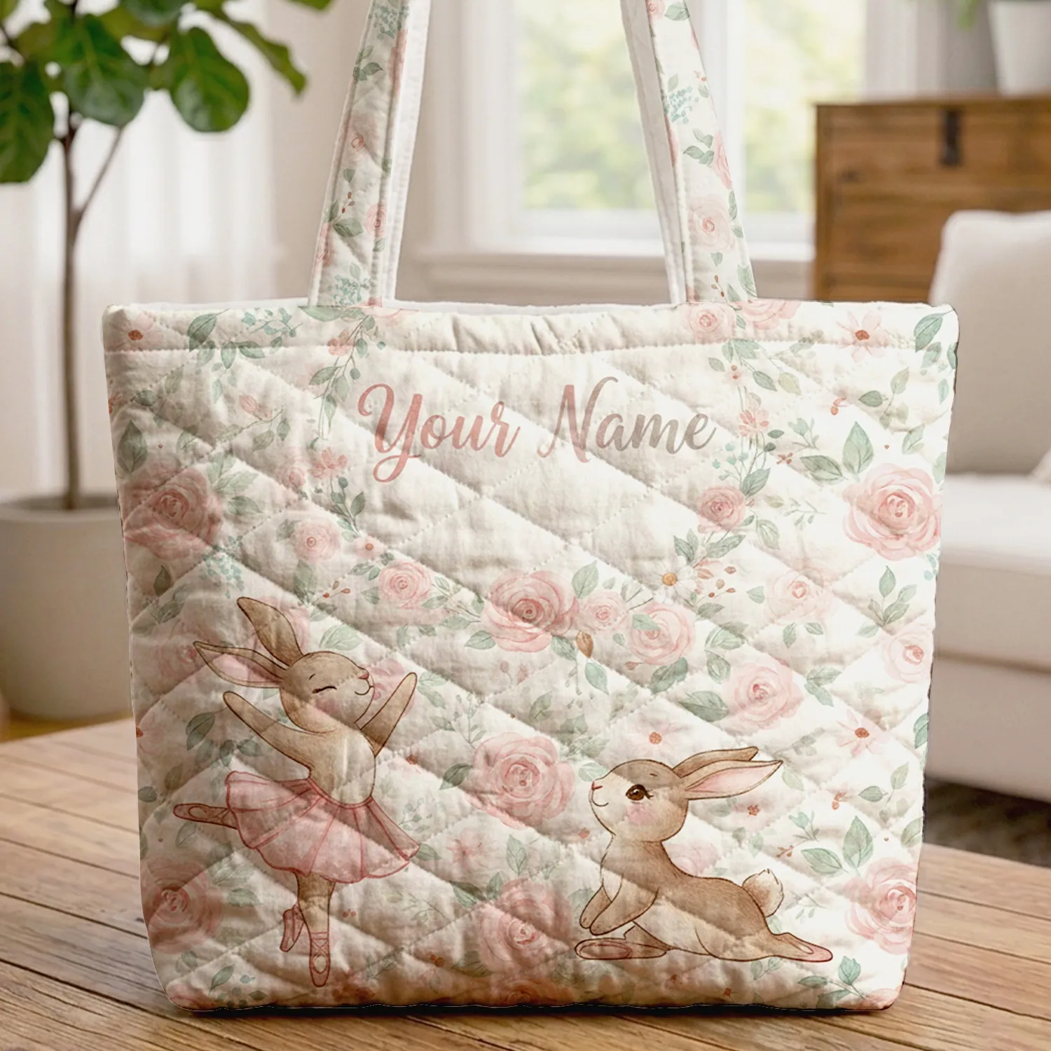 Ballet Bunnies Roses Wreath Name Everyday Gift for Girls Quilted Tote Bag - 1