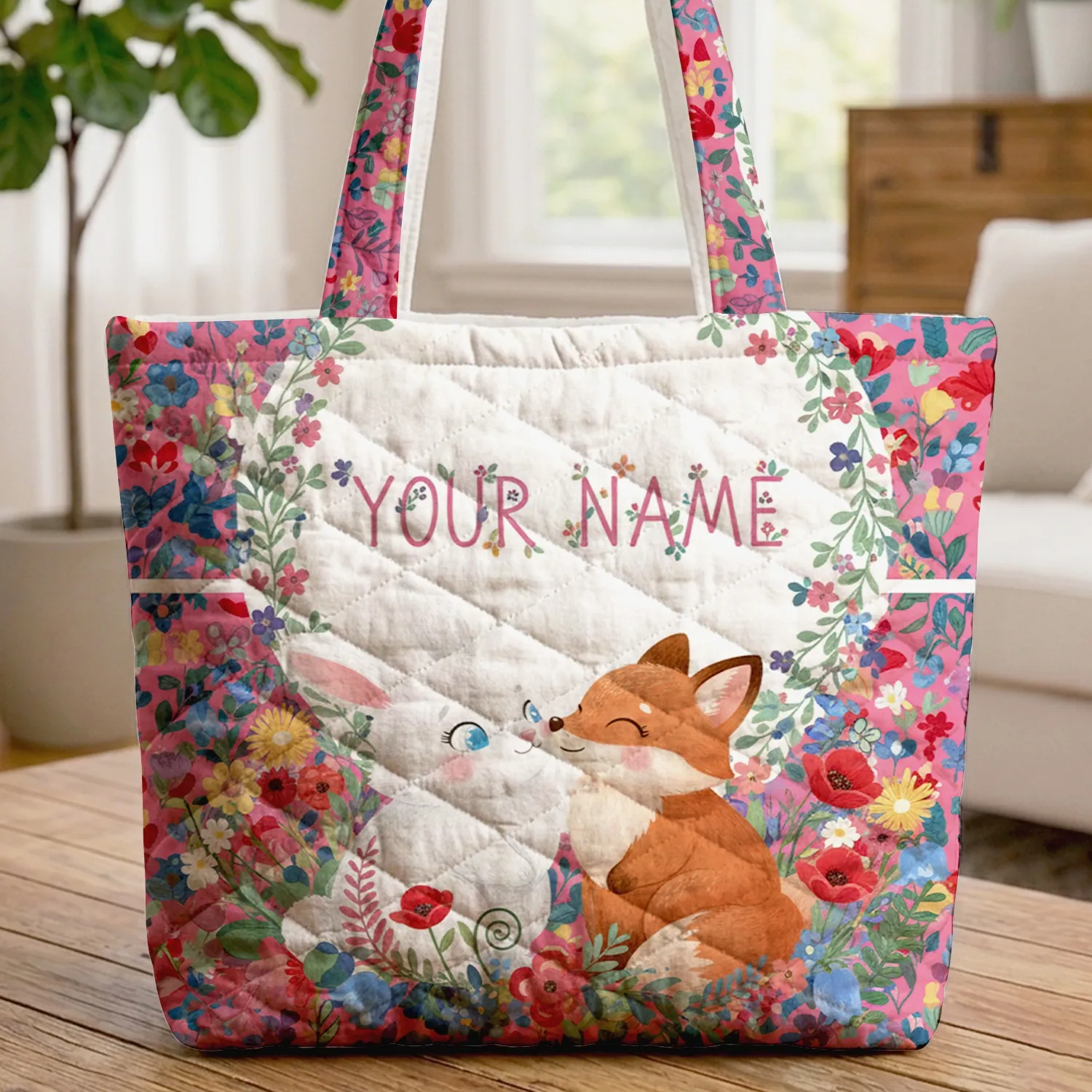 Bunny Fox Nuzzling Wildflower Butterfly Wreath - Home Decor Gift for Animal Lover Quilted Tote Bag - 1