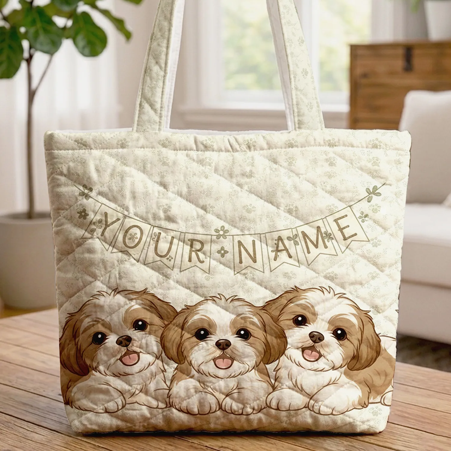 Shih Tzu Puppies Paw Print Leaves Your Name Bunting - Dog Lover Everyday Gift Quilted Tote Bag - 1