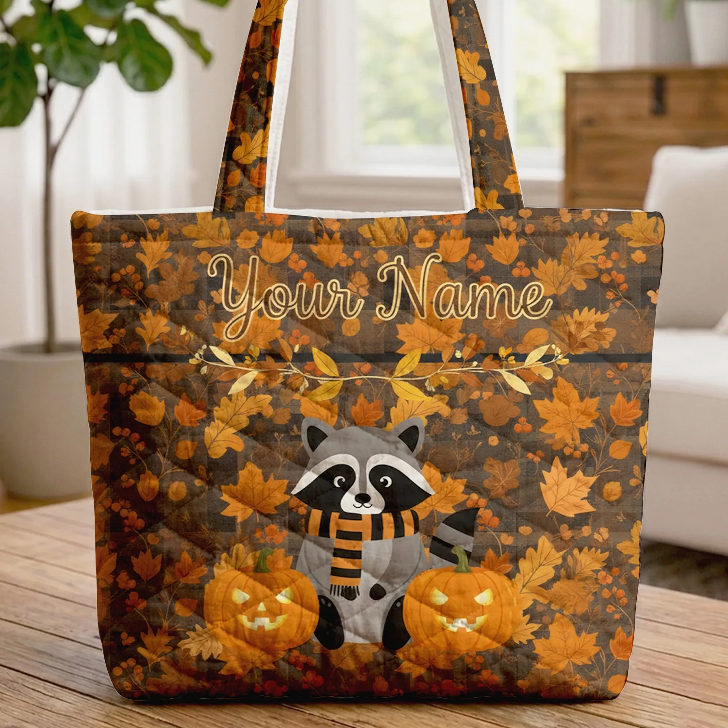 Raccoon Jack-o'-lantern Autumn Leaves - Fall Holiday Gift for Raccoon Lover Quilted Tote Bag - 1