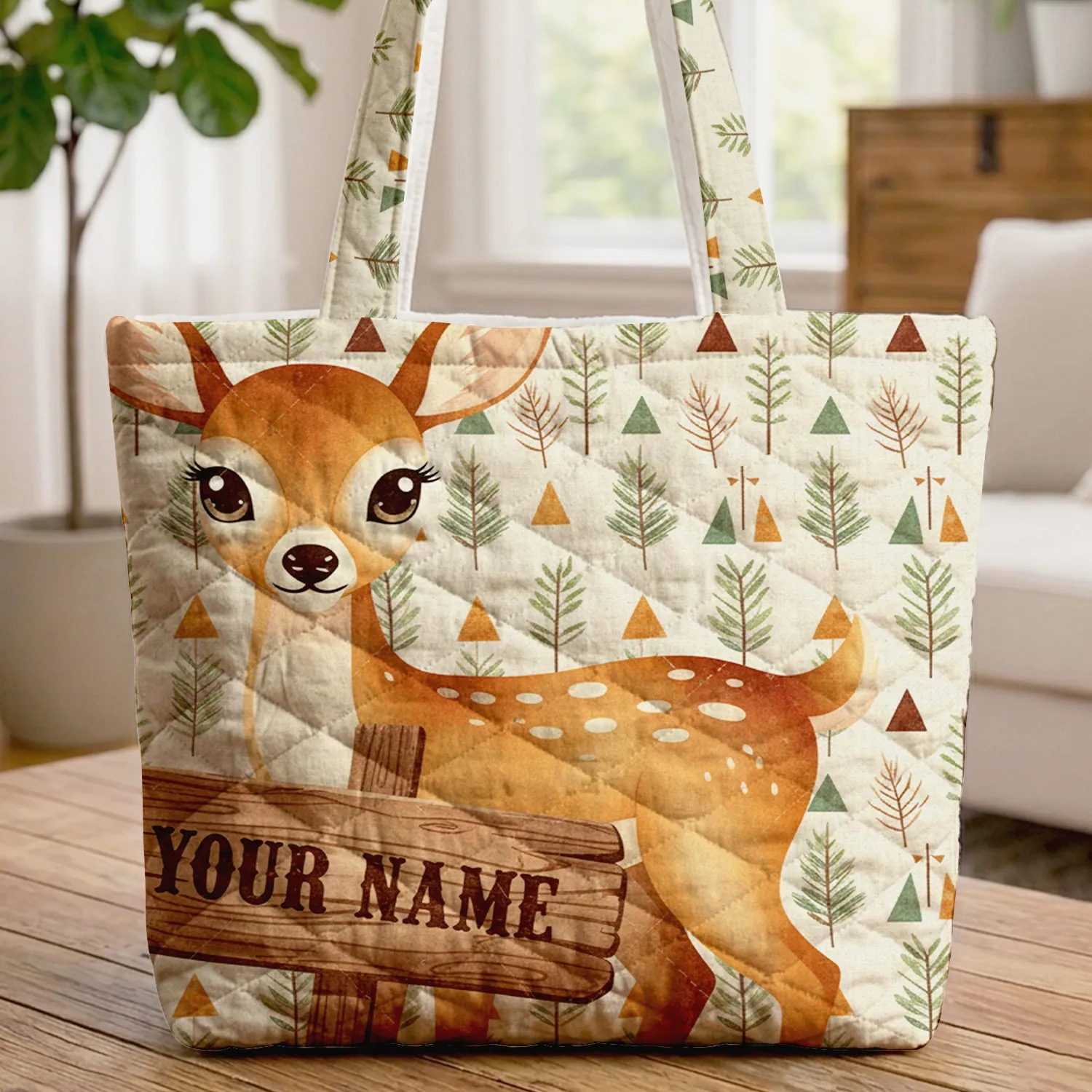 Deer Woodland Forest Pine Branches Rustic Wooden Sign - Wildlife Lover Gift Quilted Tote Bag - 1