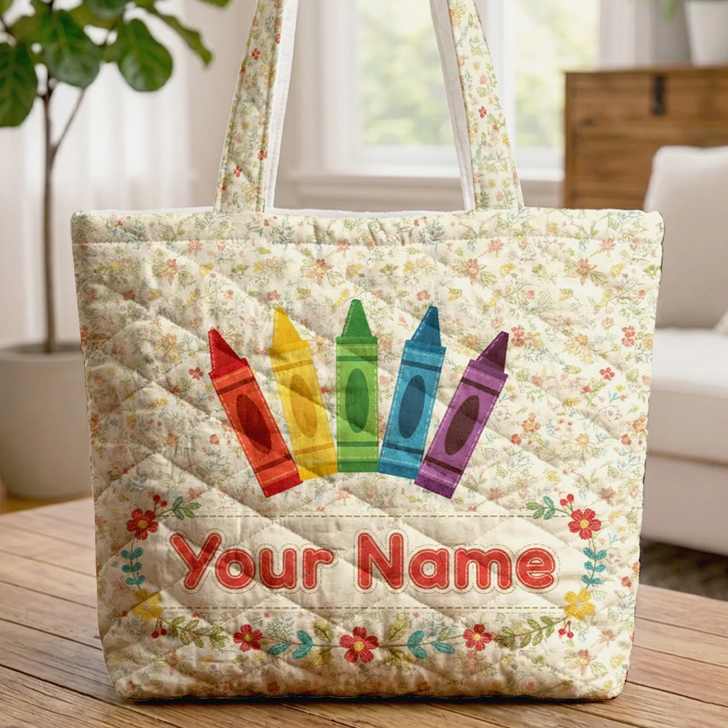 Colorful Crayons Wildflower Floral Name Garland - Creative Lifestyle Gift Quilted Tote Bag - 1