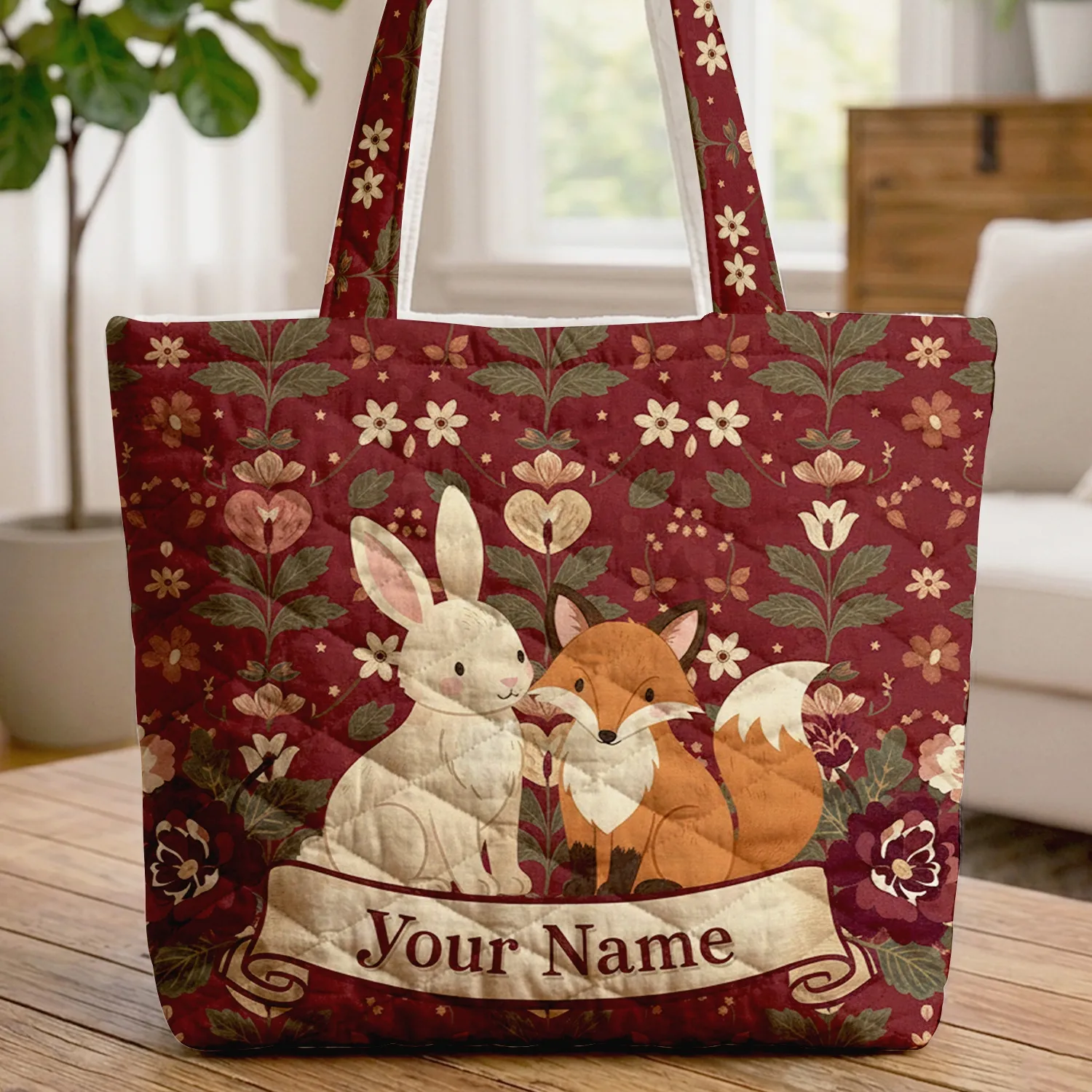 Bunny Fox Woodland Patriotic Flowers Your Name Scroll Independence Day Gift Quilted Tote Bag - 1