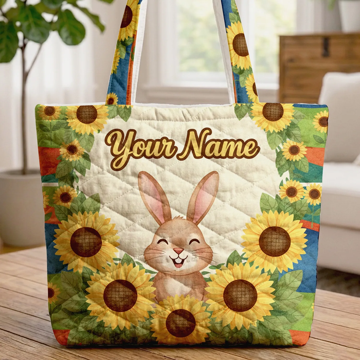 Brown Bunny Sunflowers Floral Wreath Your Name Stripes Everyday Tote Quilted Tote Bag - 1