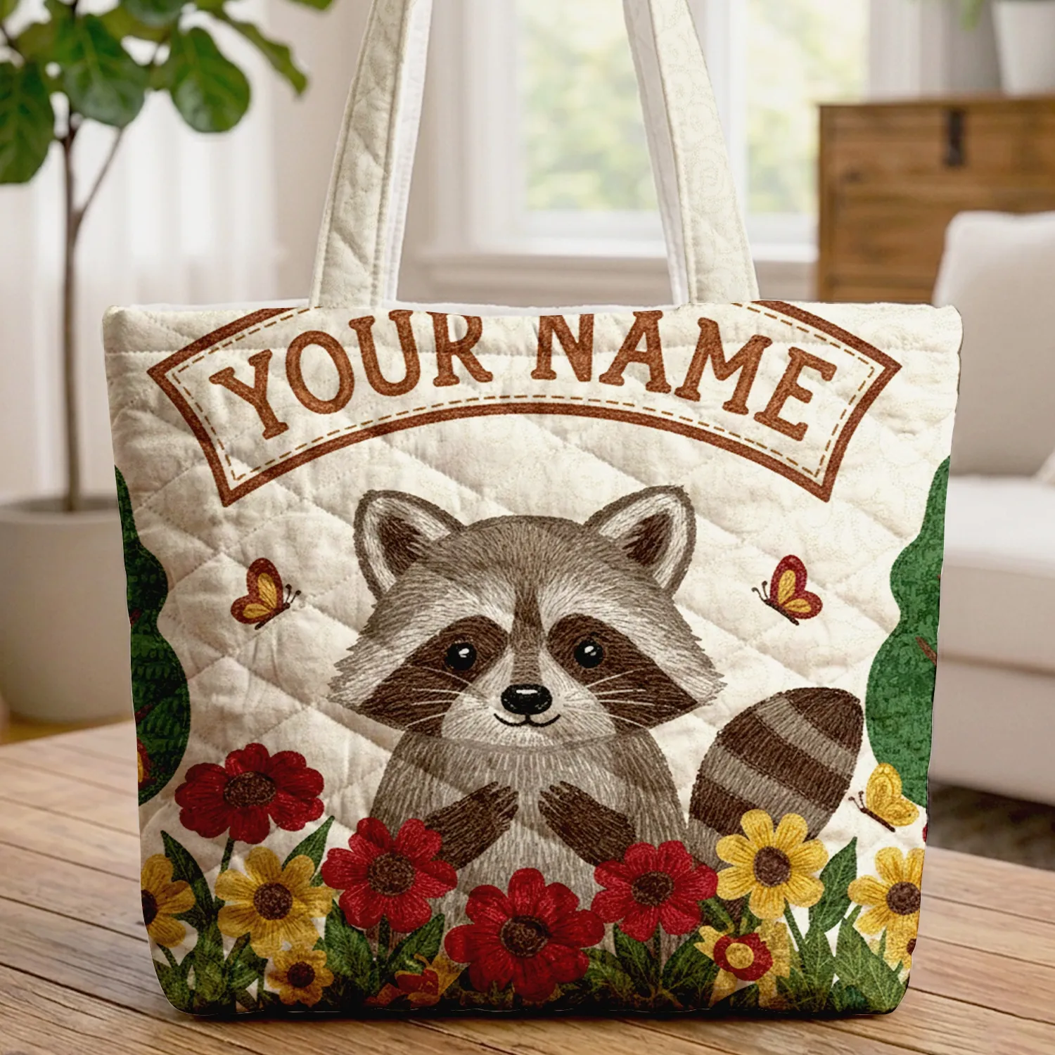 Personalized Raccoon Wildflower Butterfly - Wildlife Lover Gift Quilted Tote Bag - 1