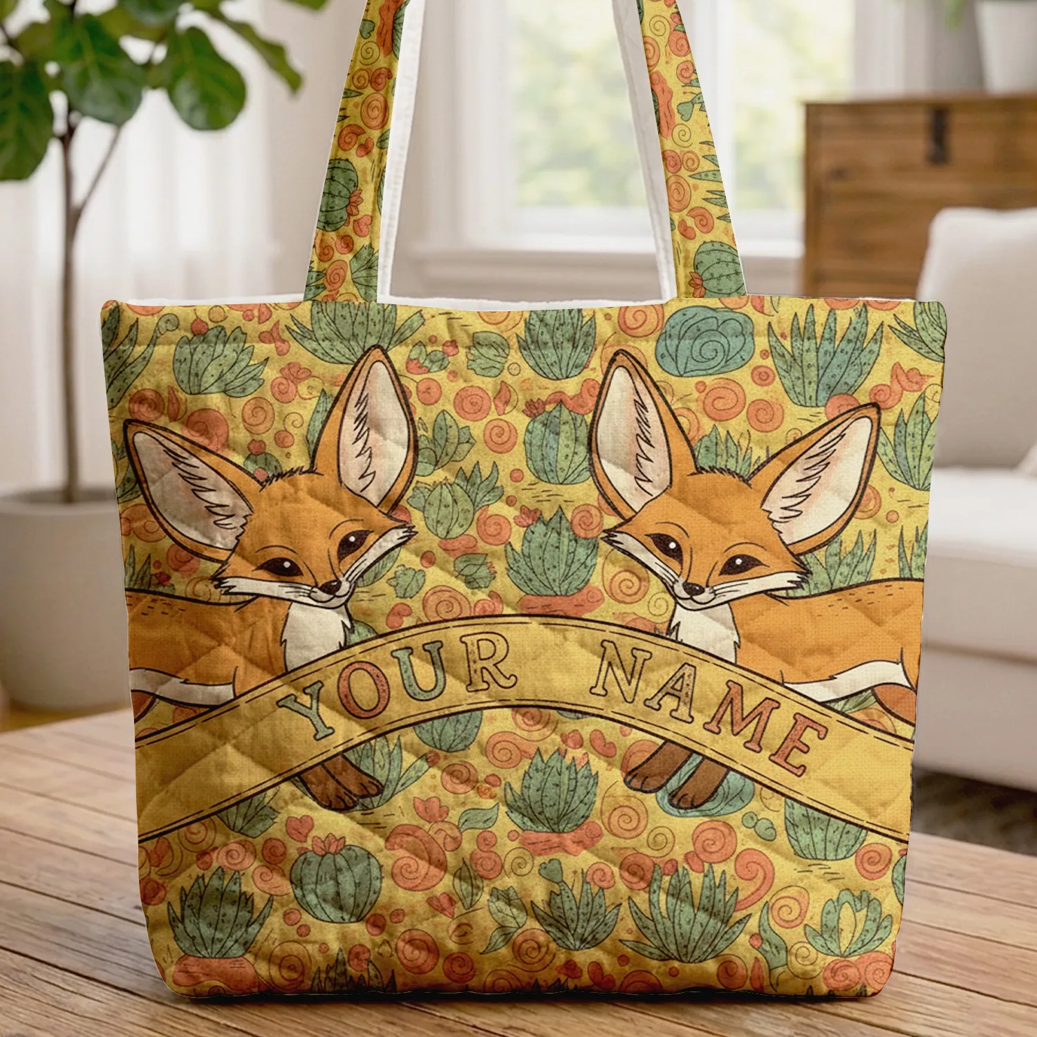 Fennec Foxes Desert Succulents Flowers - Outdoor Adventure Wildlife Lover Gift Quilted Tote Bag - 1