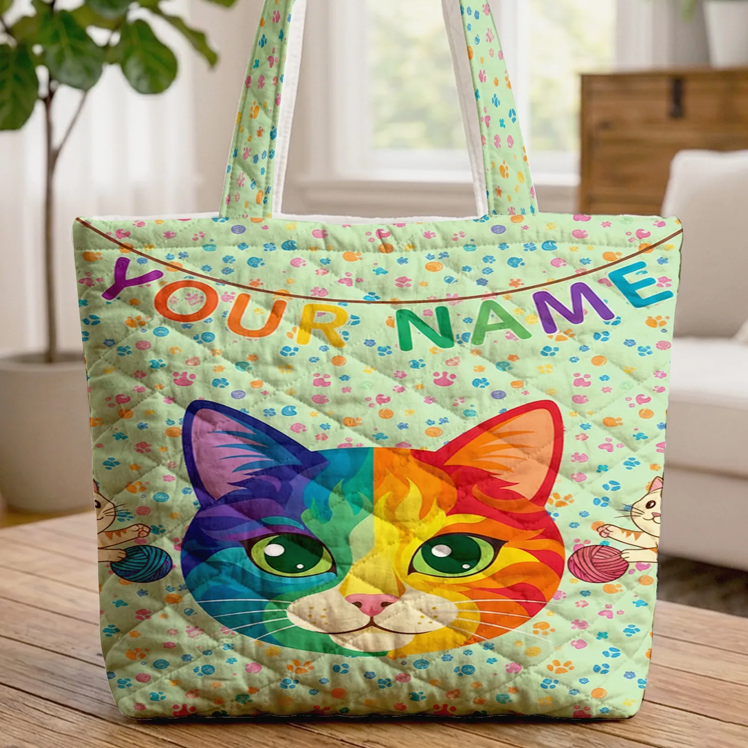Rainbow Cat Face Three Cats Paw Prints Your Name Bunting - Cat Lover Gift Everyday Tote Quilted Tote Bag - 1