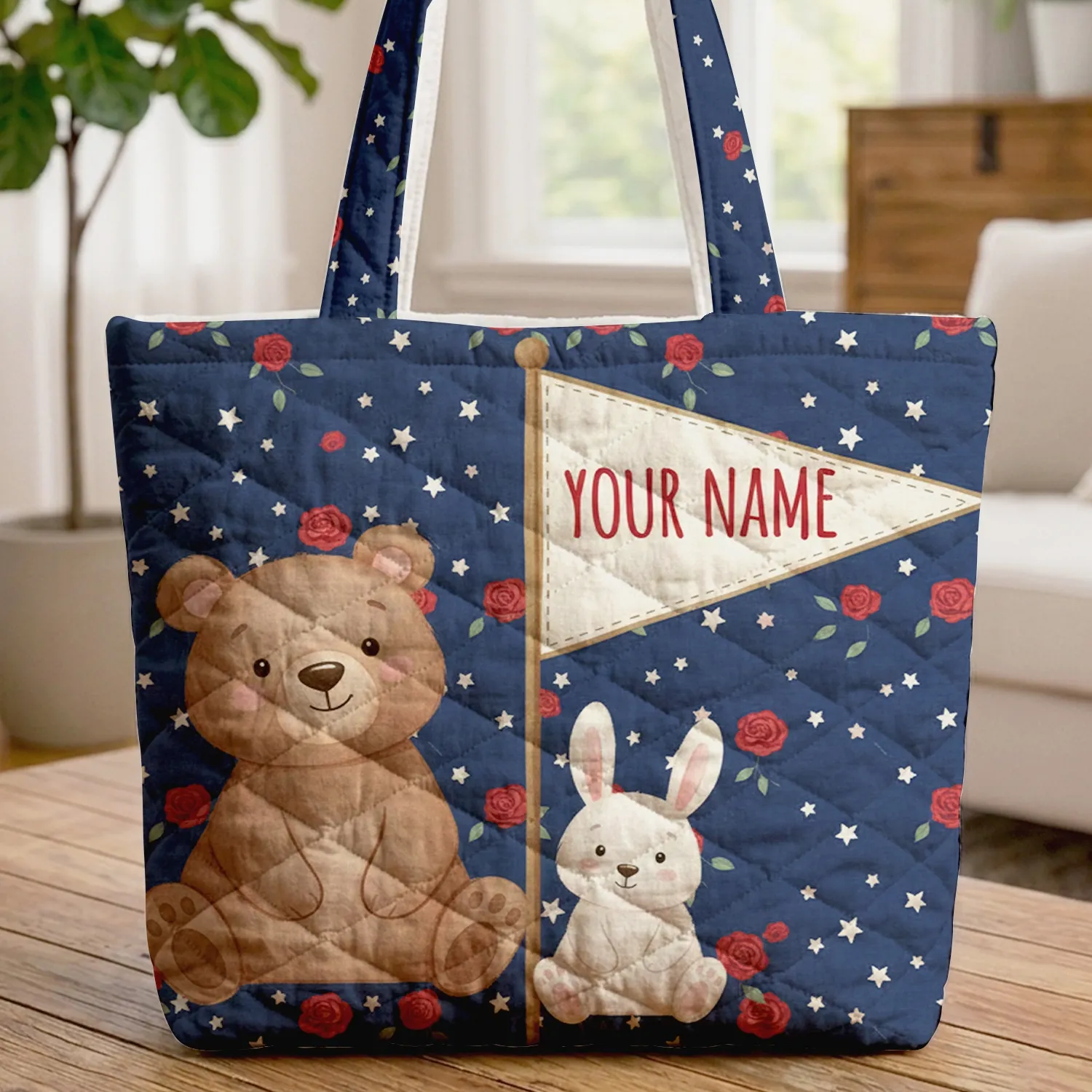Personalized Name Flag Bear Bunny Stars Roses - Everyday Tote Quilted Tote Bag - 1