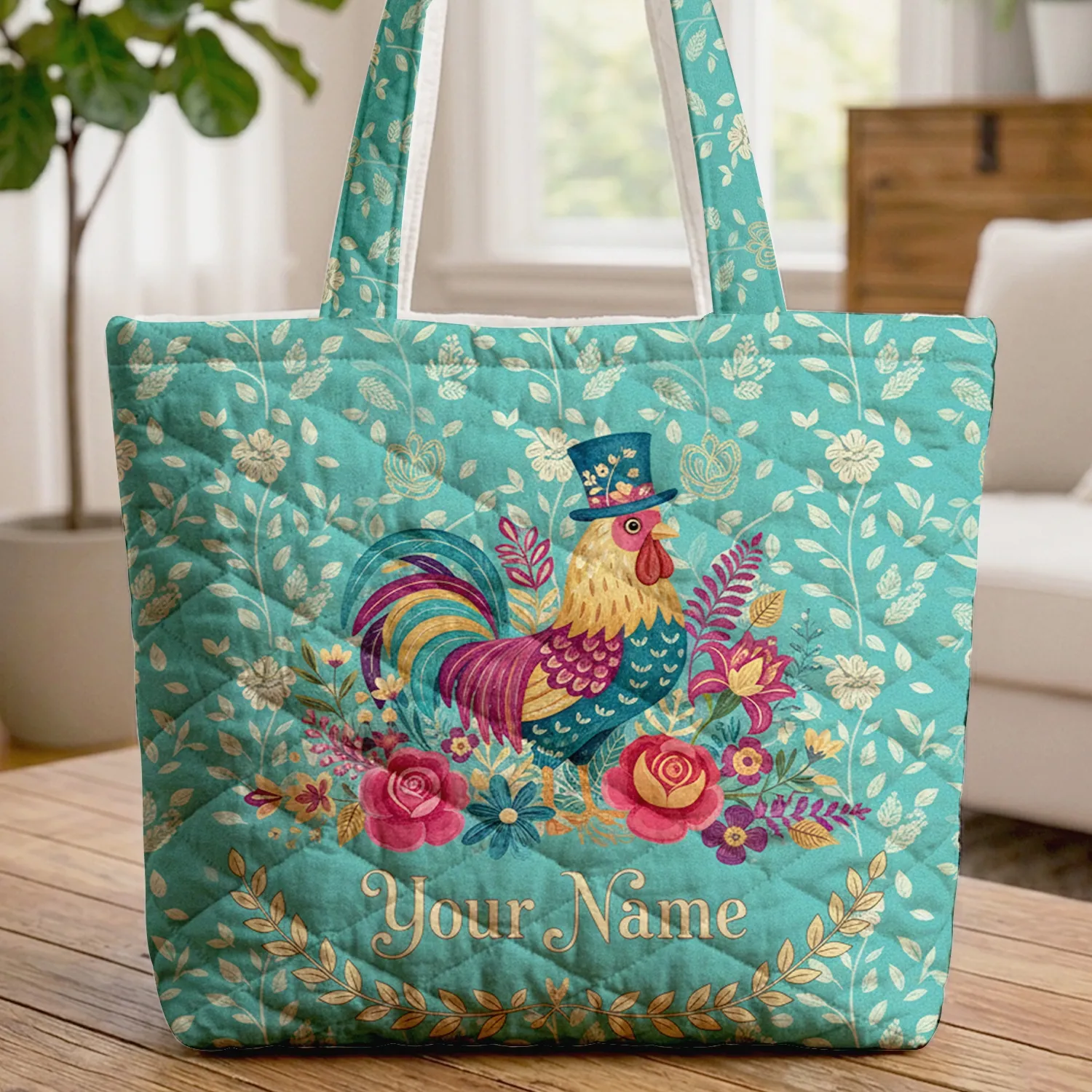 Rooster Blue Top Hat Floral Vines - Farmhouse Decor Gift for Rooster Lover Quilted Tote Bag - 1
