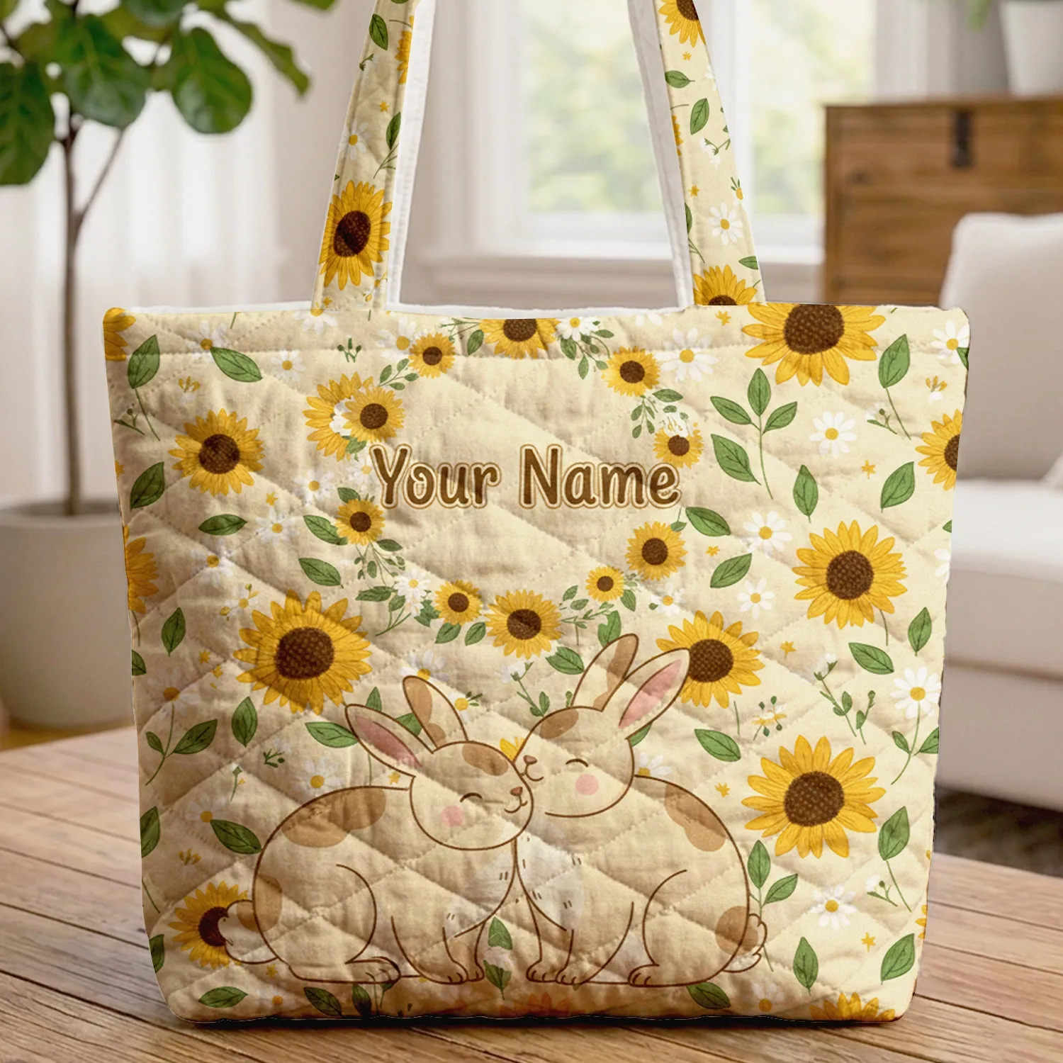 Nuzzling Bunnies Sunflowers Daisy Wreath - Nature Lover Everyday Tote Gift Quilted Tote Bag - 1