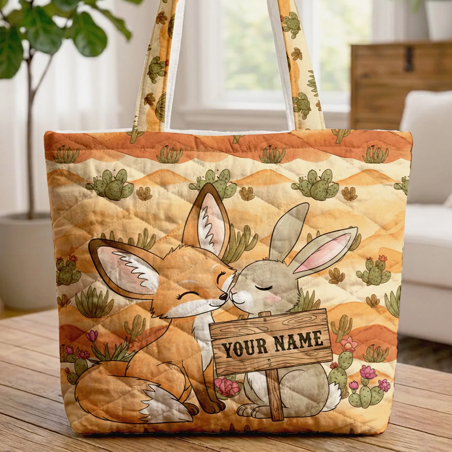 Fennec Fox Desert Bunny Saguaro Succulents - Wildlife Lover Gift Quilted Tote Bag - 1