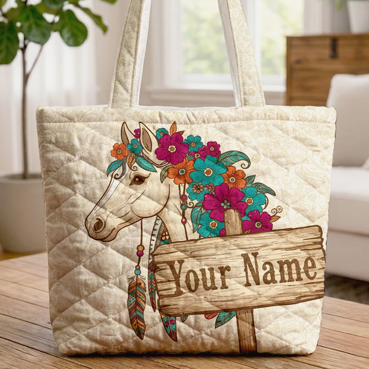 Ornate Horse Head Feather Floral Personalized Name - Boho Lifestyle Gift for Horse Lover Quilted Tote Bag - 1