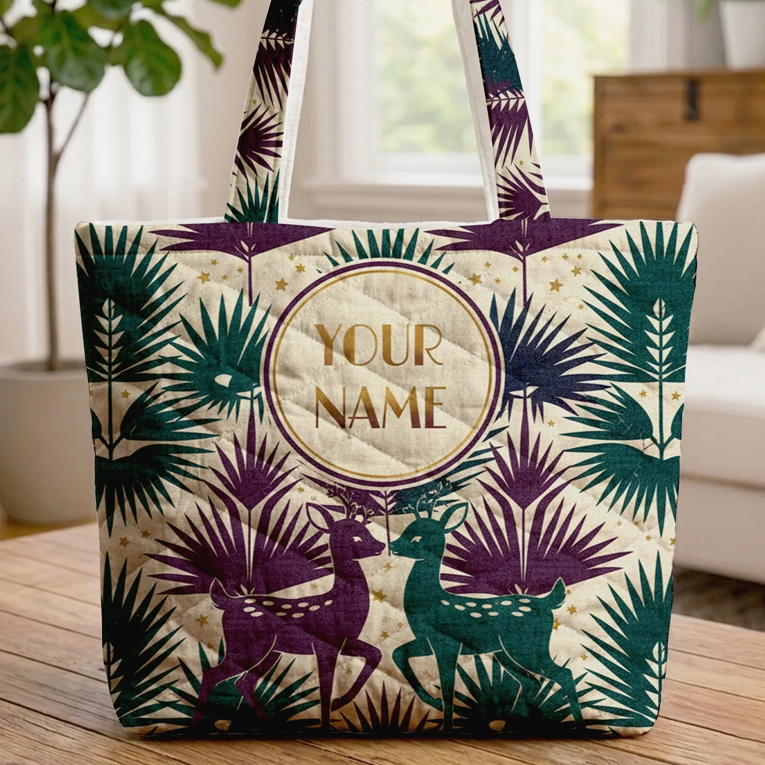 Fawns Tropical Foliage Palm Fronds Gold Frame - Wildlife Lover Everyday Gift Quilted Tote Bag - 1