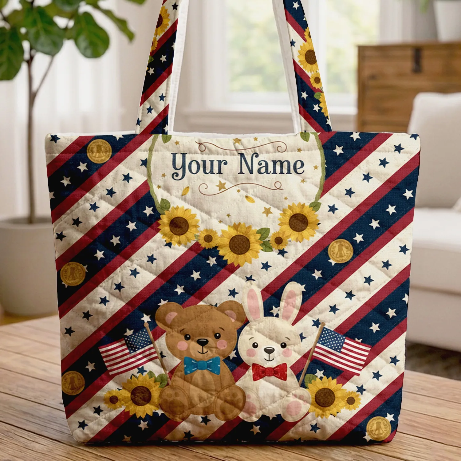 Adorable Bear Bunny American Flags - Independence Day Gift with Your Name Quilted Tote Bag - 1