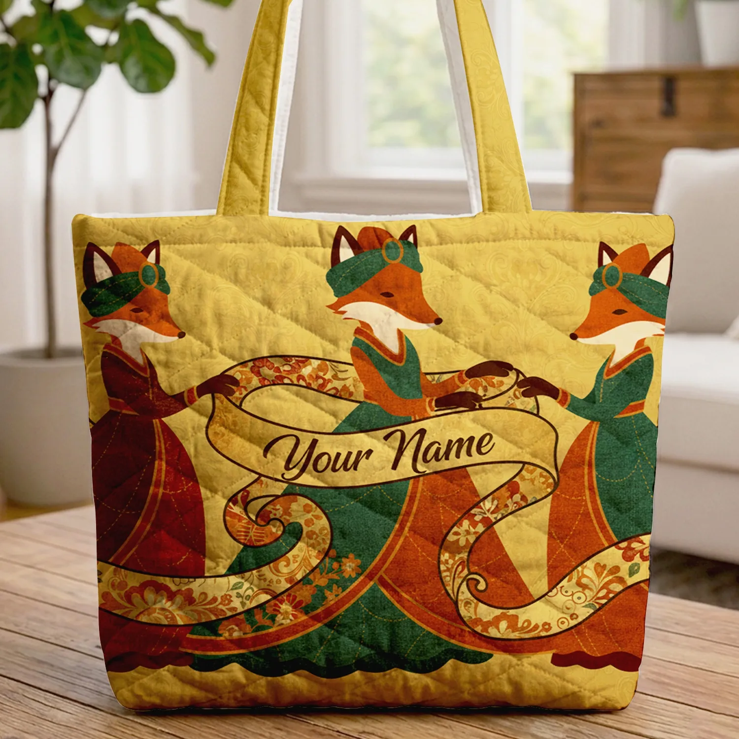 Three Foxes Botanical Leaves Ribbon - Wildlife Lover Everyday Tote Quilted Tote Bag - 1