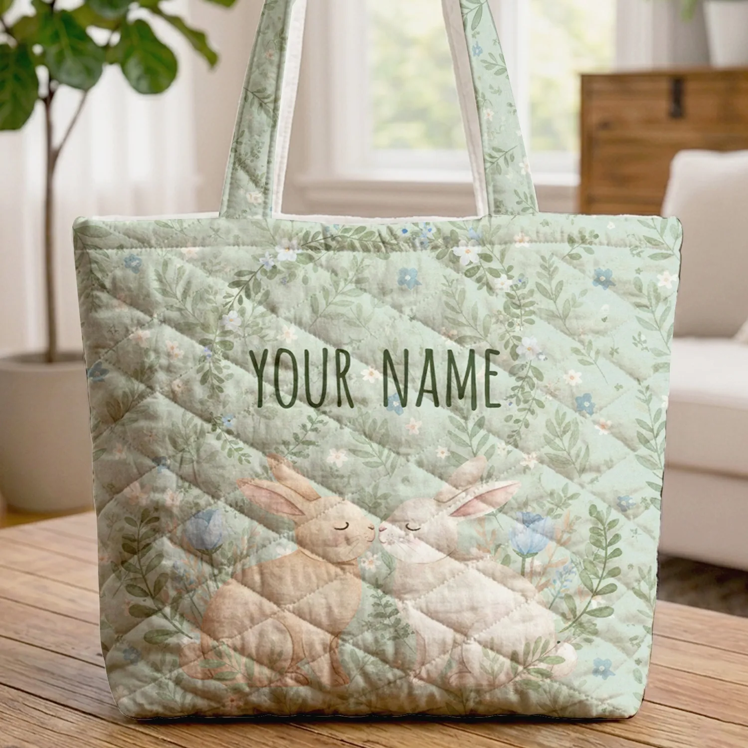 Bunnies Nuzzling Green Leaves White Flowers Floral Wreath Everyday Tote Wildlife Lover Gift Quilted Tote Bag - 1