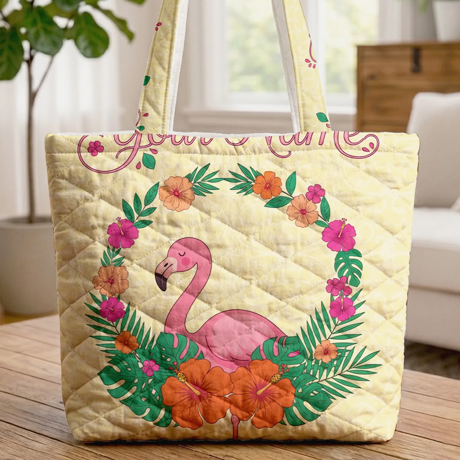 Pink Flamingo Hibiscus Floral Wreath - Tropical Lifestyle Gift Quilted Tote Bag - 1