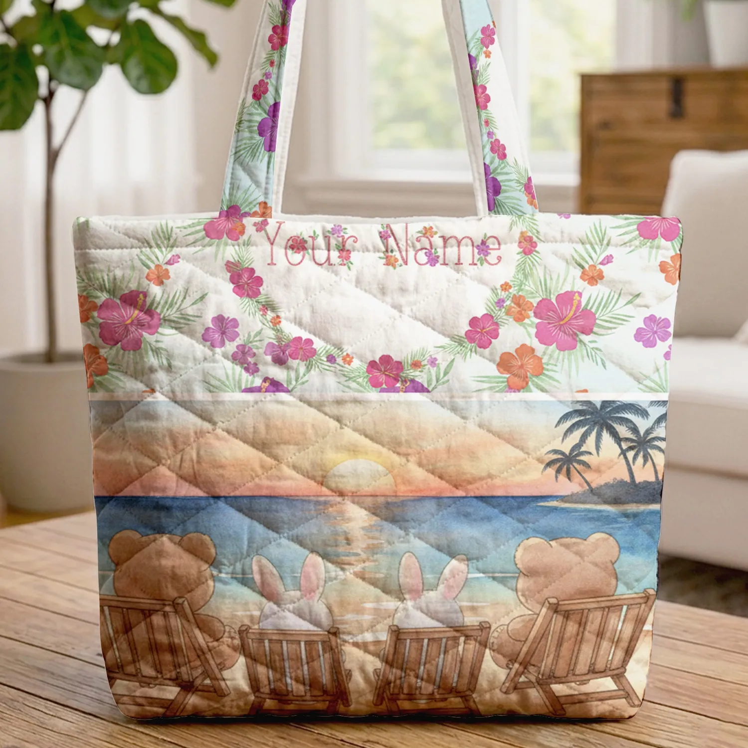 Bears Bunnies Tropical Sunset Hibiscus Palm Your Name - Beach Vacation Gift Quilted Tote Bag - 1