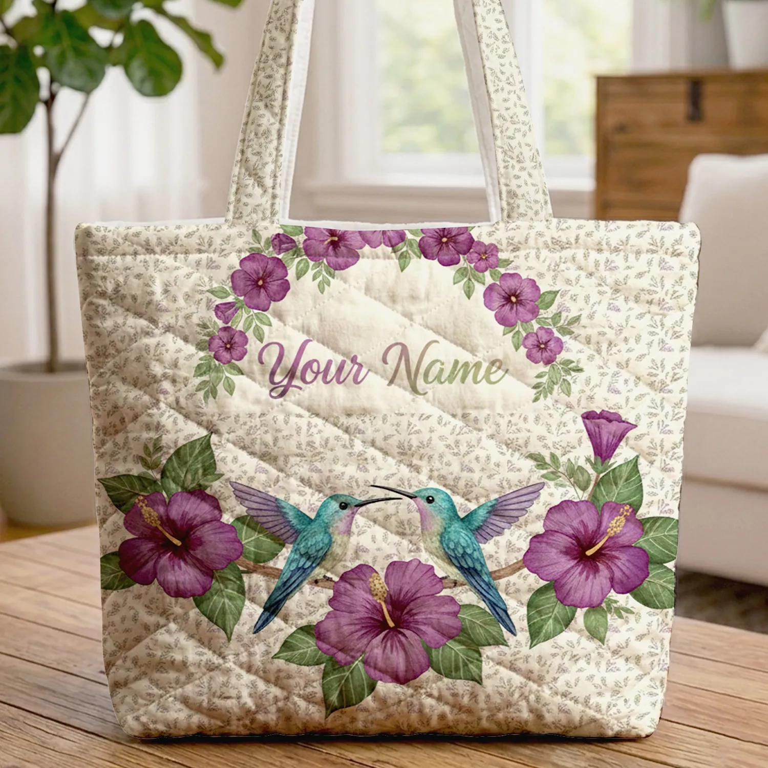 Hummingbirds Purple Hibiscus Flowers Green Leaves White Berries - Nature Lover Garden Gift Quilted Tote Bag - 1