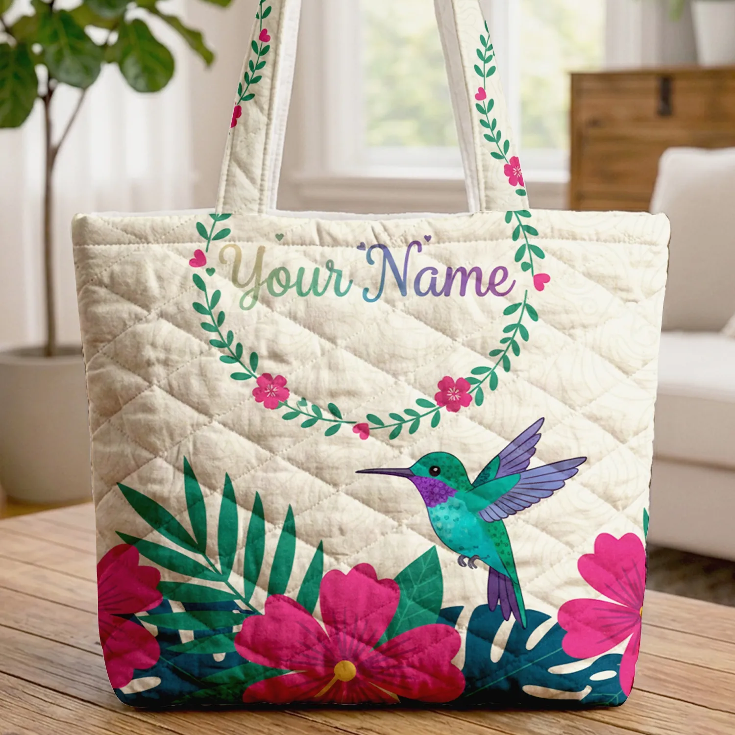 Hummingbird Tropical Flowers Lush Leaves Personalized Name - Nature Lover Everyday Gift Quilted Tote Bag - 1