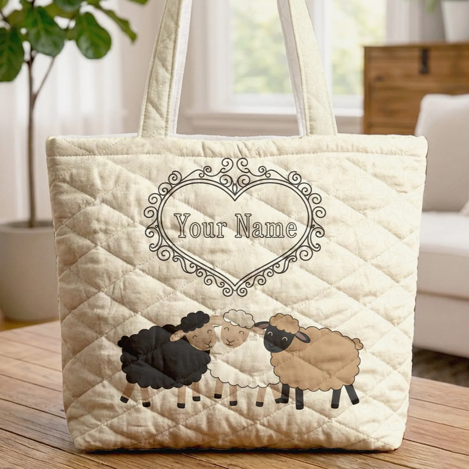 Three Nuzzling Sheep Your Name Heart - Everyday Tote for Sheep Lover Quilted Tote Bag - 1