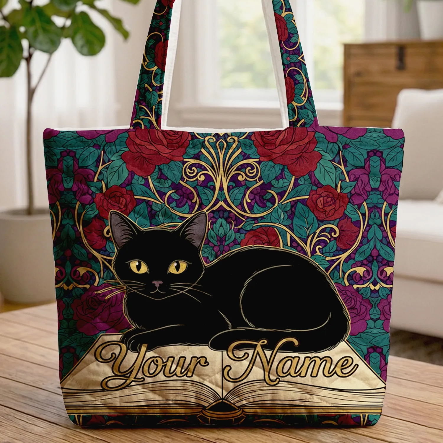 Gothic Black Cat Antique Book Red Rose Gold Swirls - Cat Lover Gift Quilted Tote Bag - 1