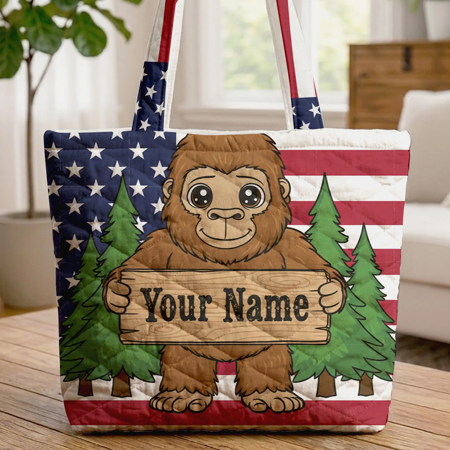 Bigfoot Pine Tree American Flag - Freedom Celebration Independence Day Gift Quilted Tote Bag - 1