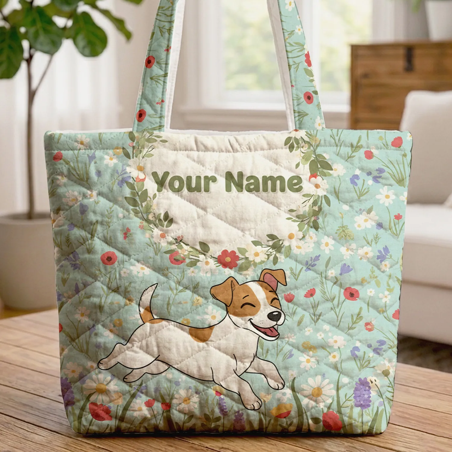 Jack Russell Terrier Floral Wreath Wildflower Meadow - Everyday Jack Russell Lover Gift Quilted Tote Bag - 1