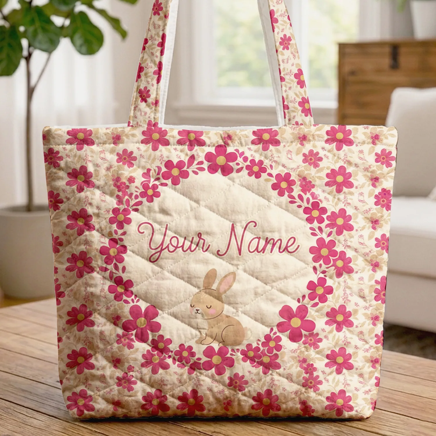 Floral Wreath Your Name Bunny and Flowers - Everyday Tote Gift for Bunny Lovers Quilted Tote Bag - 1