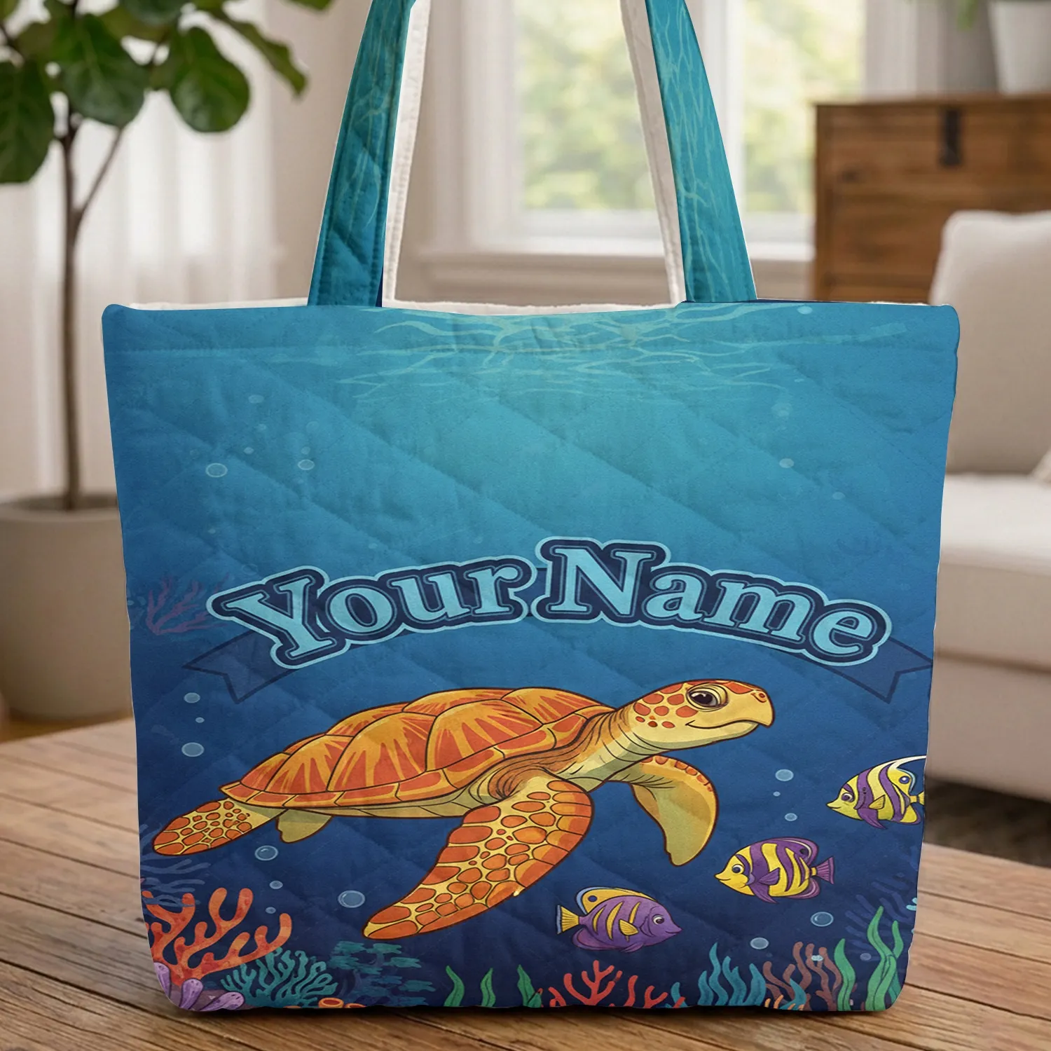 Majestic Sea Turtle Tropical Fish Ocean Coral Reef Your Name Banner - Ocean Life Lover Gift Quilted Tote Bag - 1