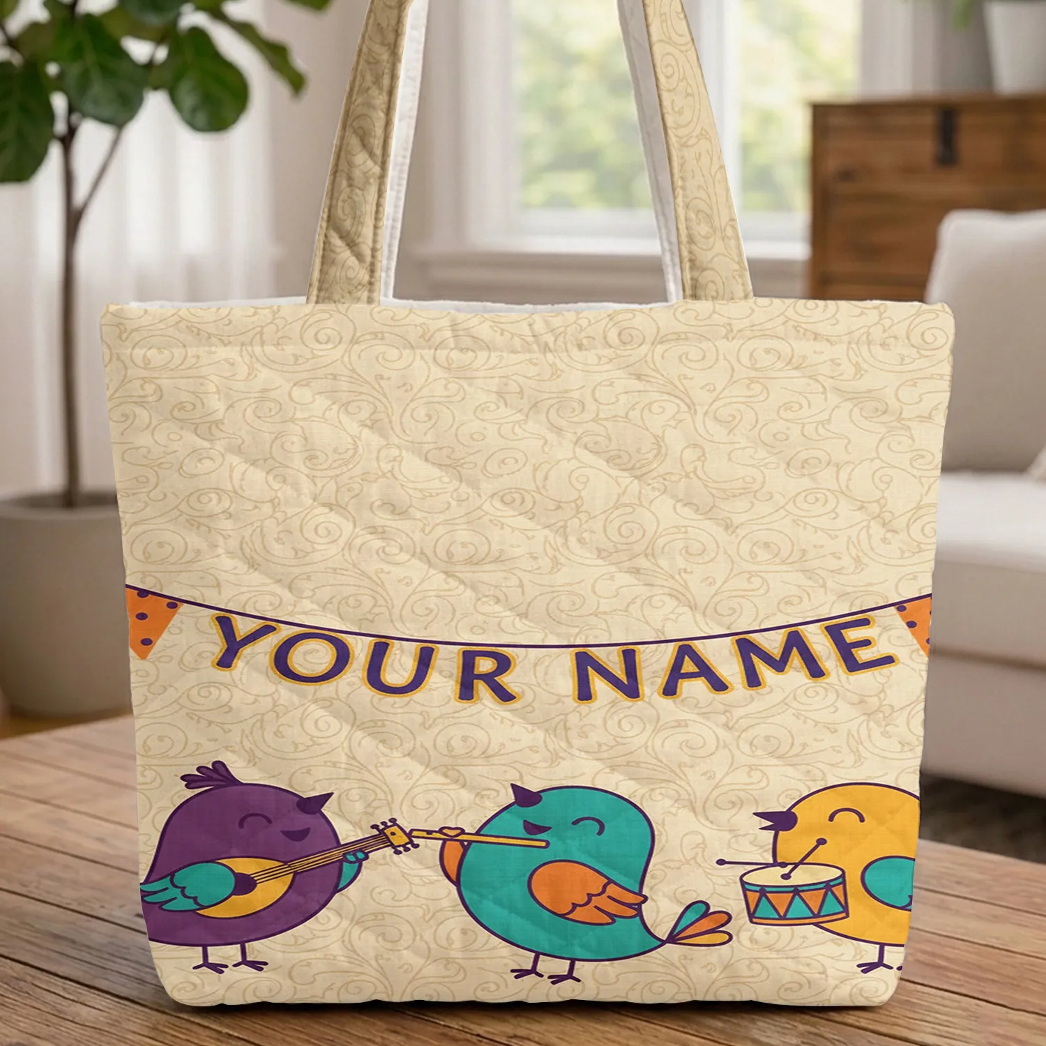 Three Folk Art Birds Musical Instruments Your Name Bunting - Home Decor Music Lover Gift Quilted Tote Bag - 1