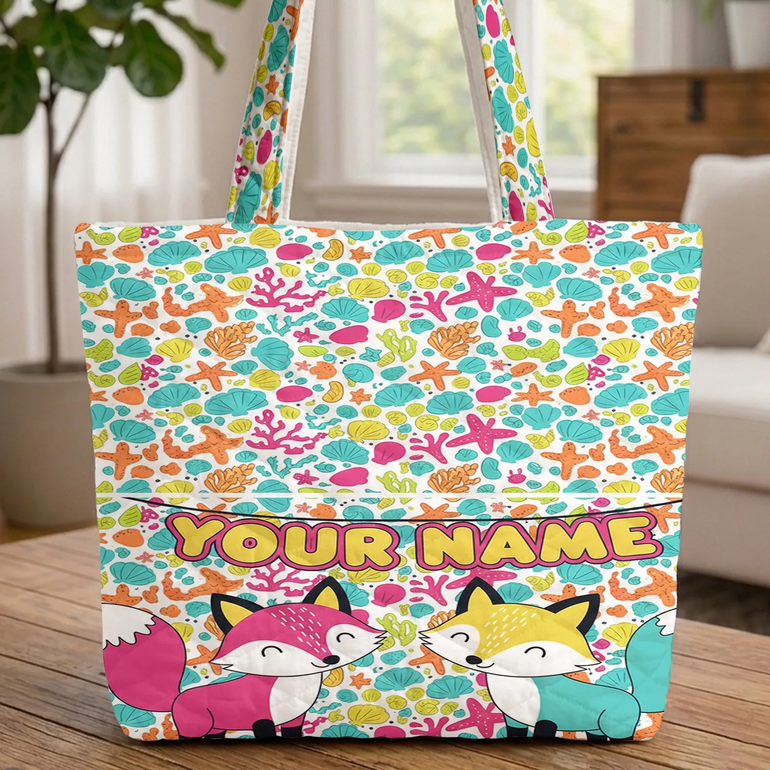 Personalized Foxes Seashells Starfish Coral - Ocean Wildlife Gift Quilted Tote Bag - 1