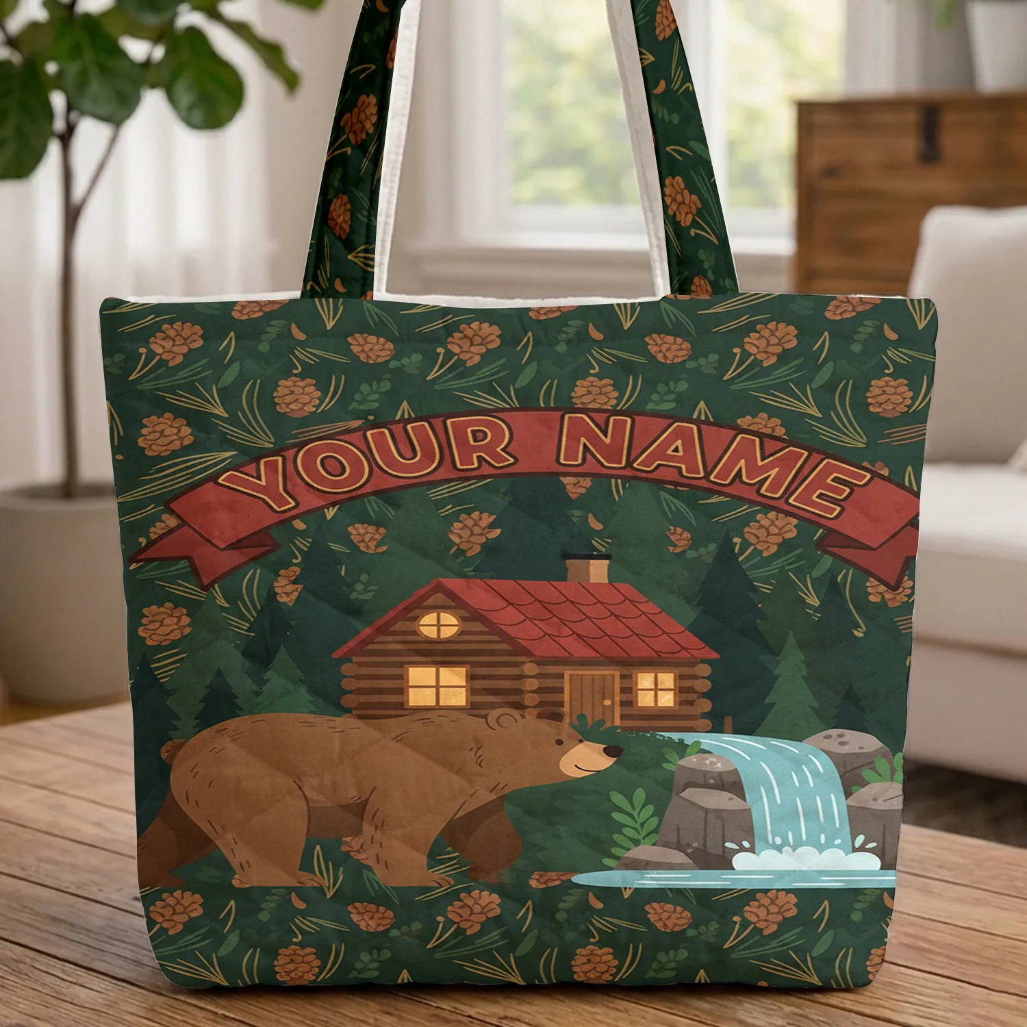 Brown Bear Log Cabin Waterfall Pine Forest Personalized Wildlife Gift Quilted Tote Bag - 1