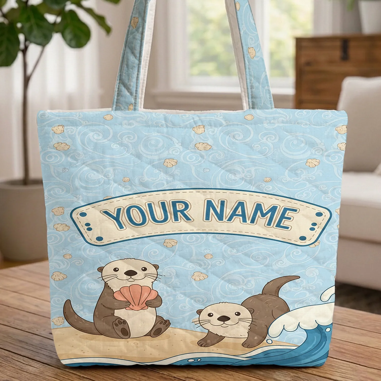 Sea Otters Sandy Strip Scallop Shells Personalized - Ocean Lover Gift Quilted Tote Bag - 1