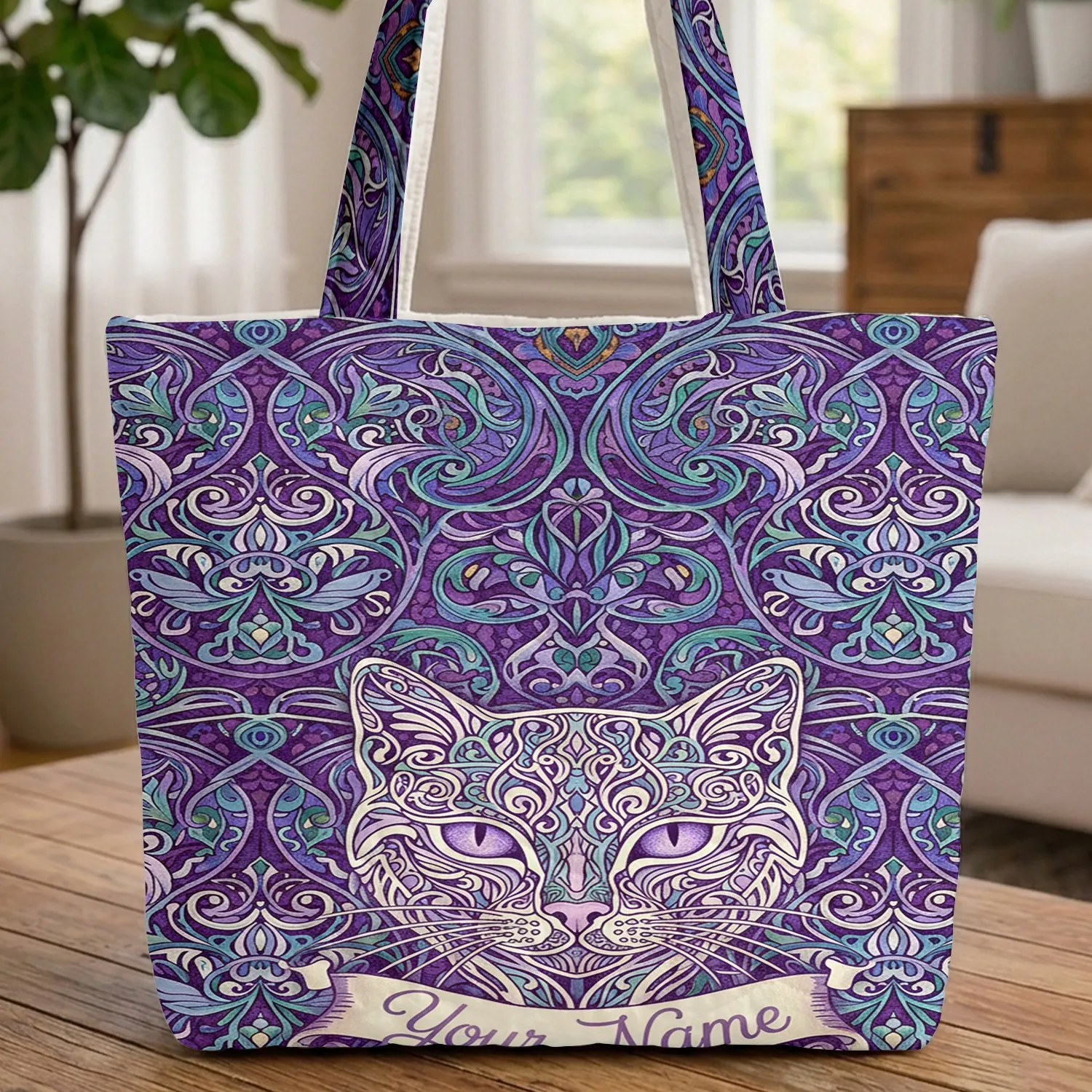 Ornate Cat Face Swirling Floral Abstract - Cat Lover Everyday Use Gift Quilted Tote Bag - 1