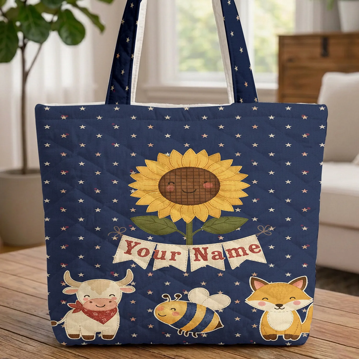 Personalized Sunflower Bunting Stars Berries - Patriotic Farmhouse Gift Quilted Tote Bag - 1
