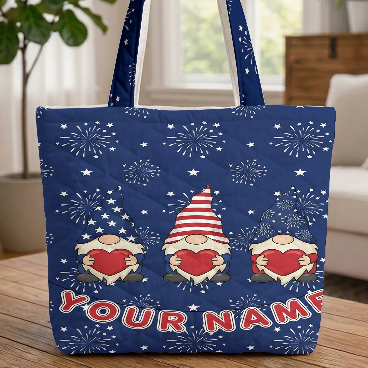 Patriotic Gnomes Stars Fireworks - Independence Day Celebration Gift for Americans Quilted Tote Bag - 1