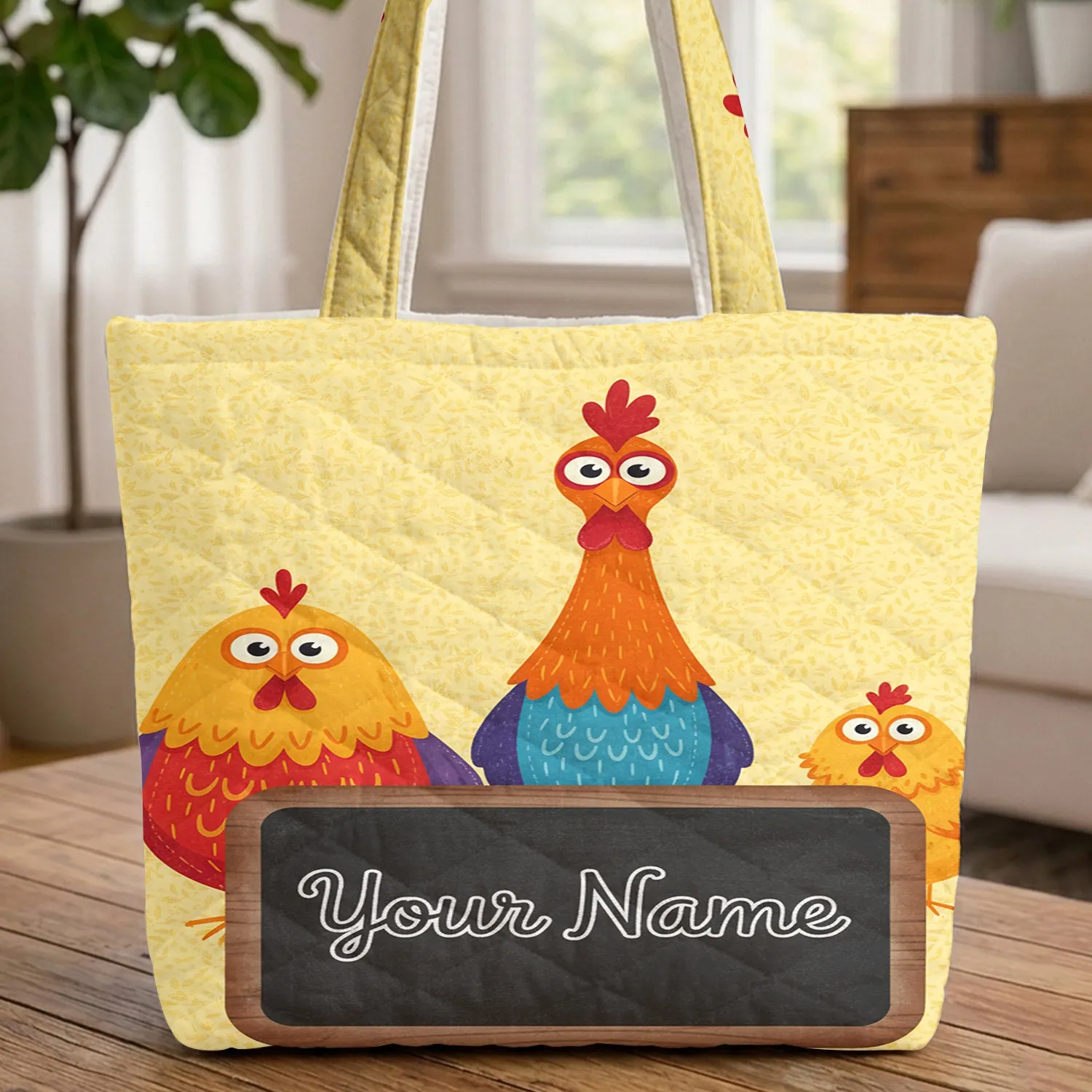 Storybook Chickens Name Board - Farmhouse Decor Gift for Chicken Lover Quilted Tote Bag - 1