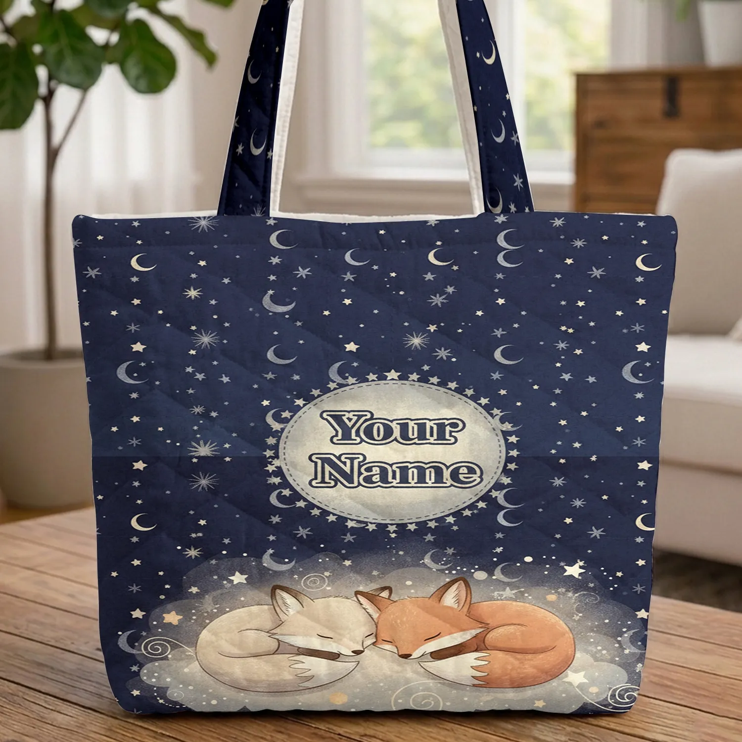 Sleeping Baby Foxes Celestial Moon - Wildlife Lover Gift for Fox Lover Quilted Tote Bag - 1