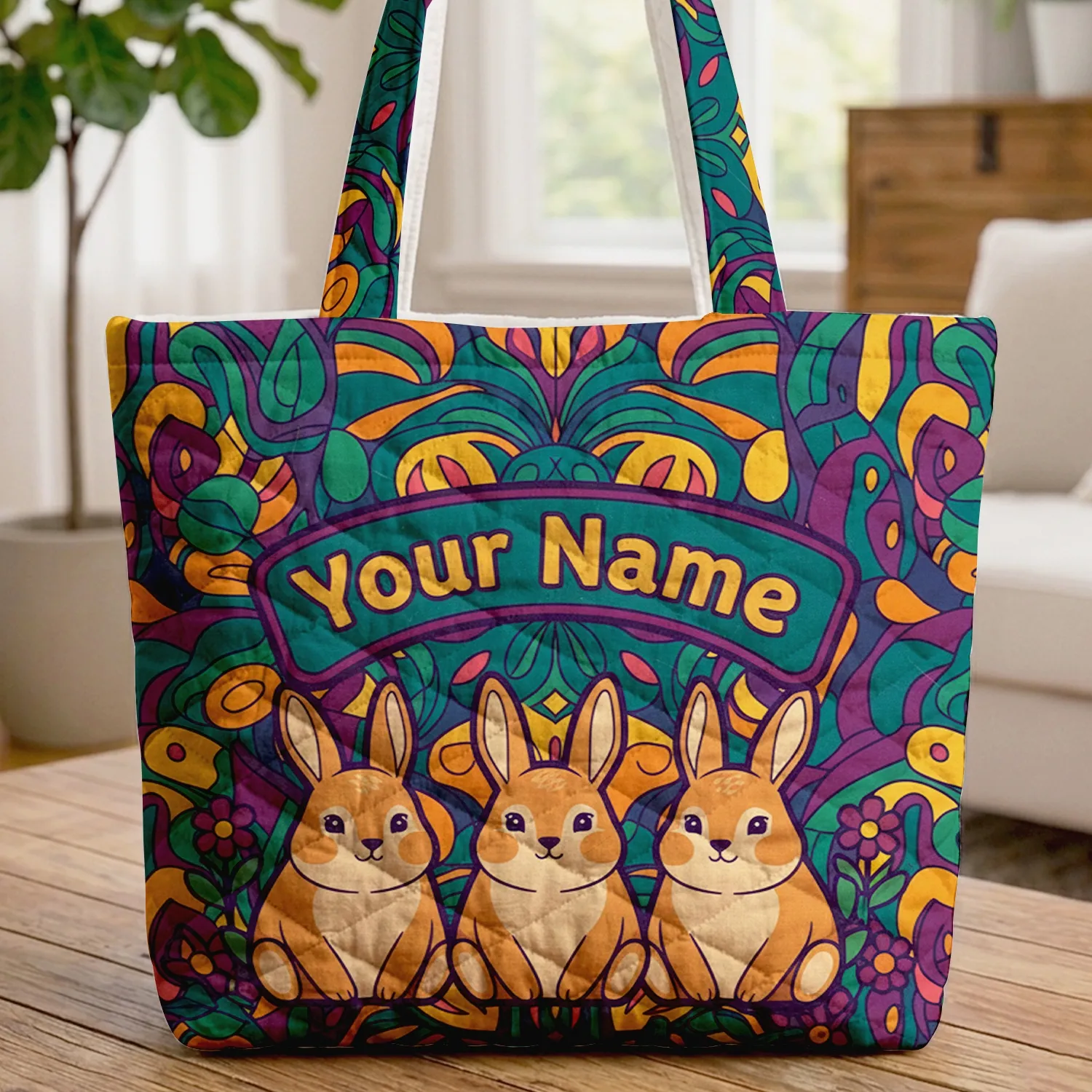 Bunnies Flowers Flowing Lines Jewel Tone Botanical Mosaics - Nature Lover Gift Quilted Tote Bag - 1