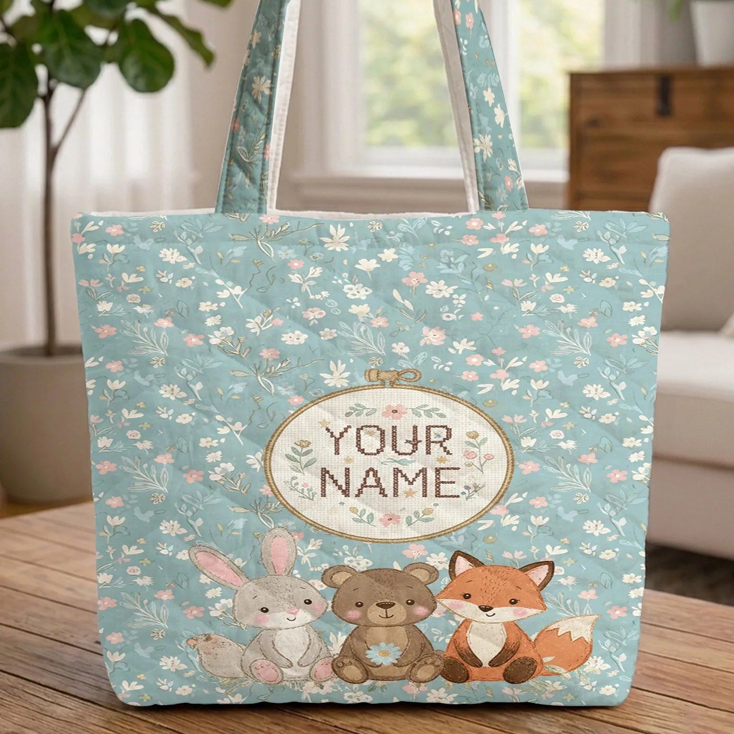 Sitting Bunny Bear Fox Wildflowers Name Frame - Children's Everyday Use Gift Quilted Tote Bag - 1