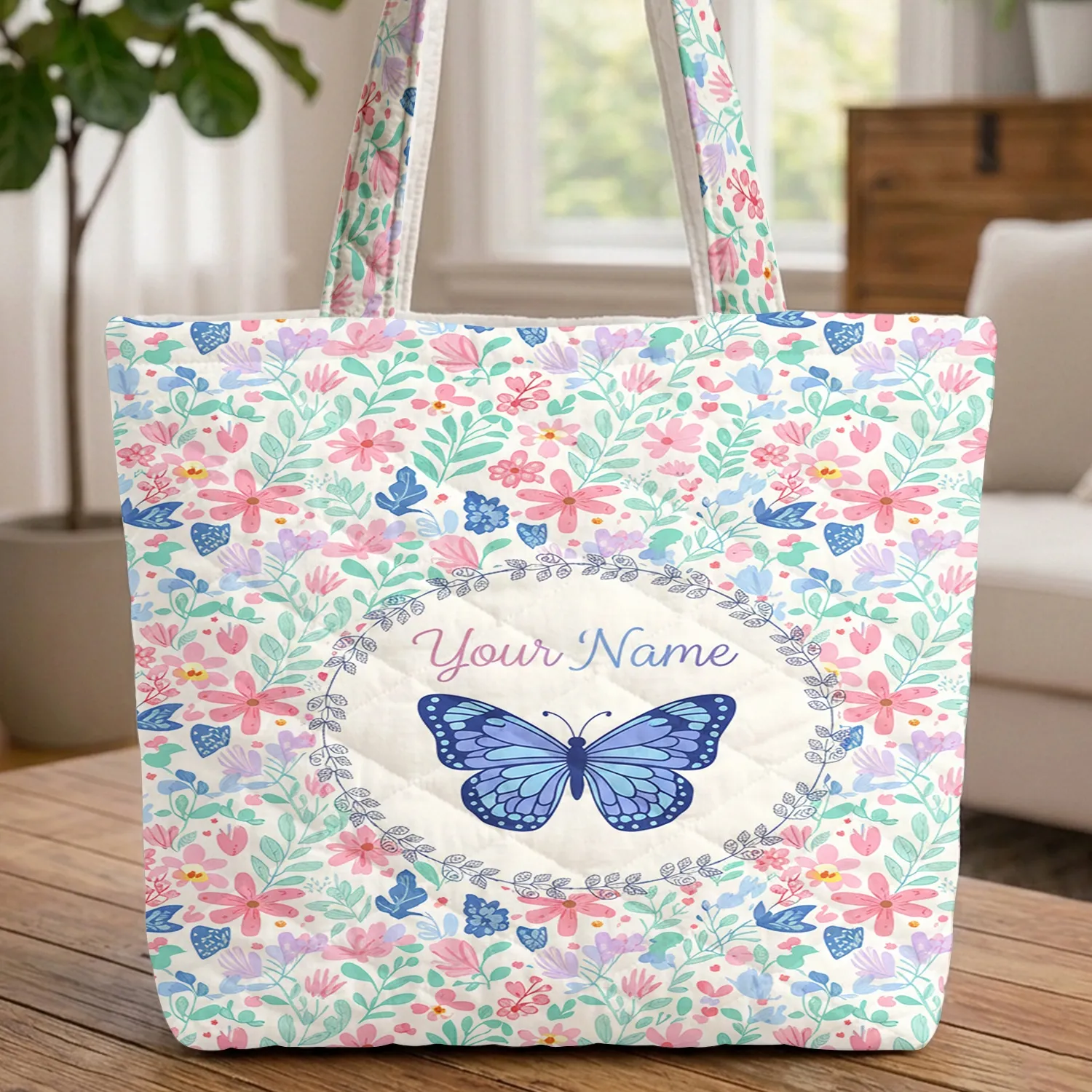Heart Accents Butterfly Botanical Flowers Leaves Leaf Garland - Everyday Tote Nature Gift Quilted Tote Bag - 1