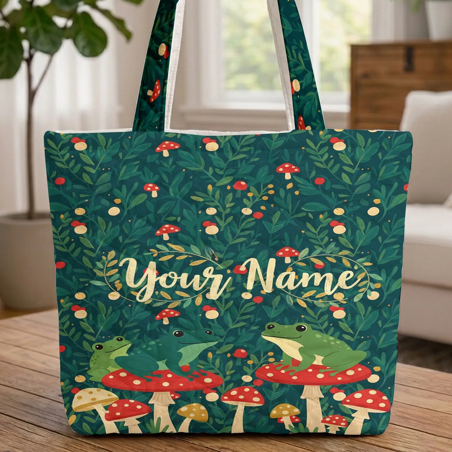 Two Frogs on Spotted Toadstools Forest Foliage Berries - Wildlife Lover Gift Quilted Tote Bag - 1