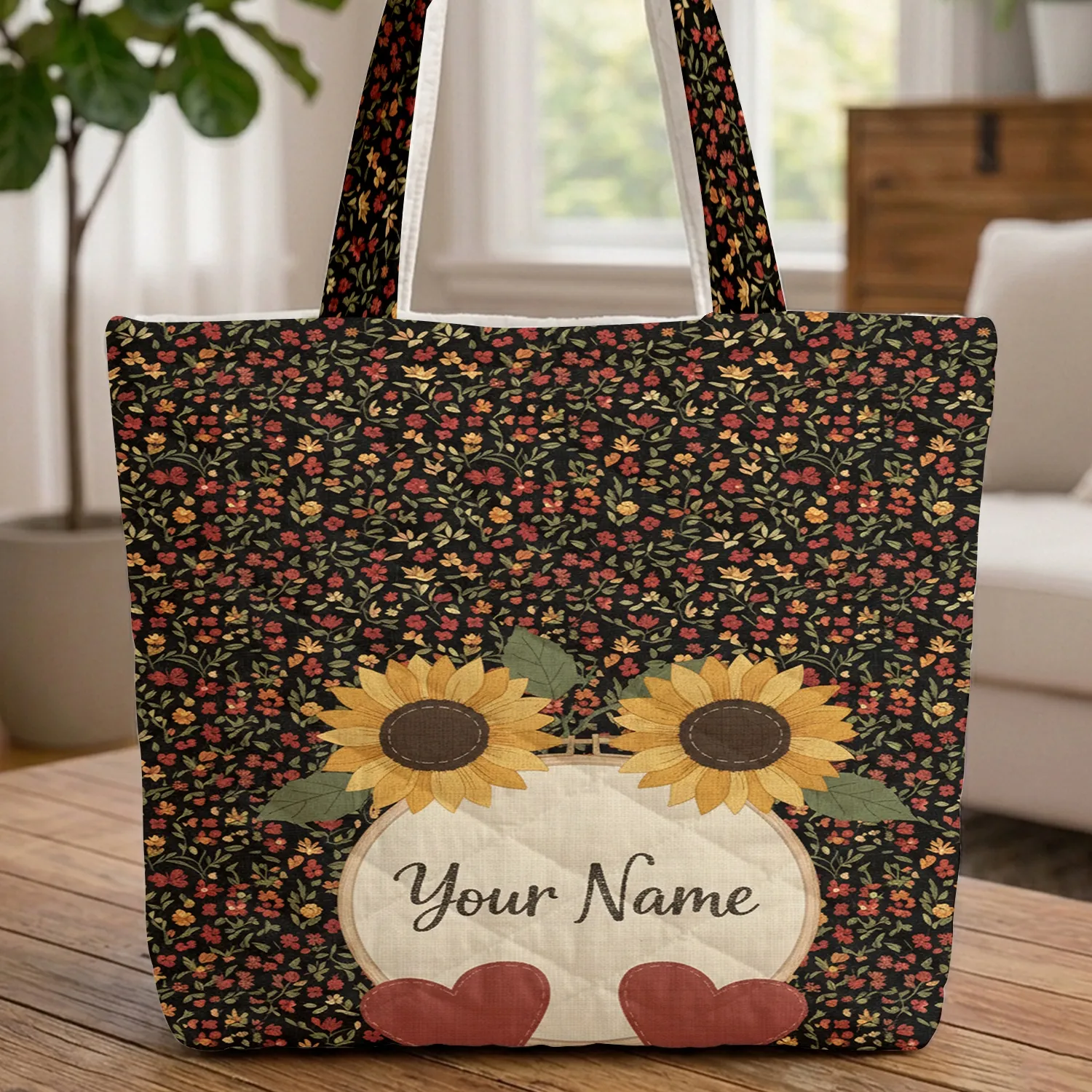 Sunflowers Hearts Wildflower Personalized Name Hoop Frame - Everyday Tote Gift Quilted Tote Bag - 1