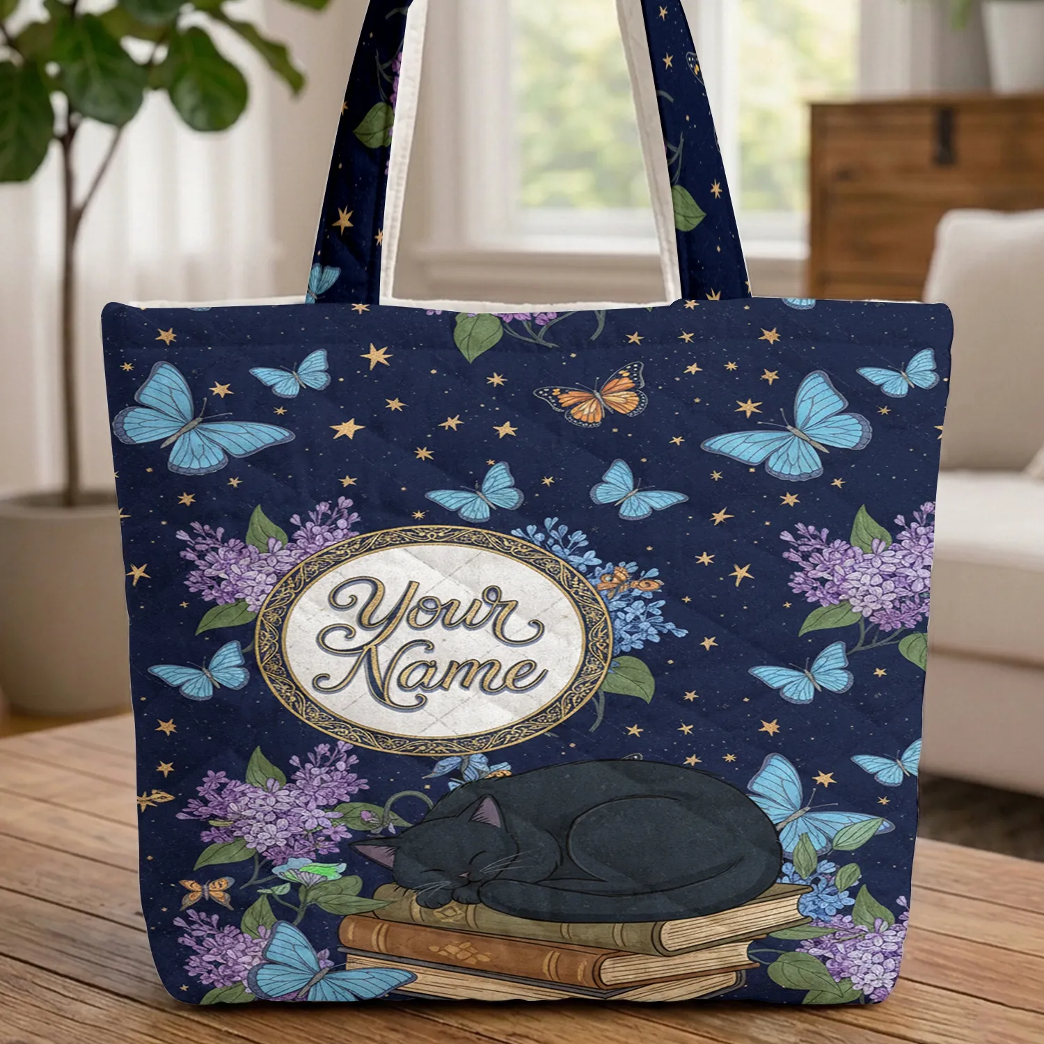 Black Cat Antique Books Night Sky Lilacs Butterflies - Reading Lover Gift Quilted Tote Bag - 1