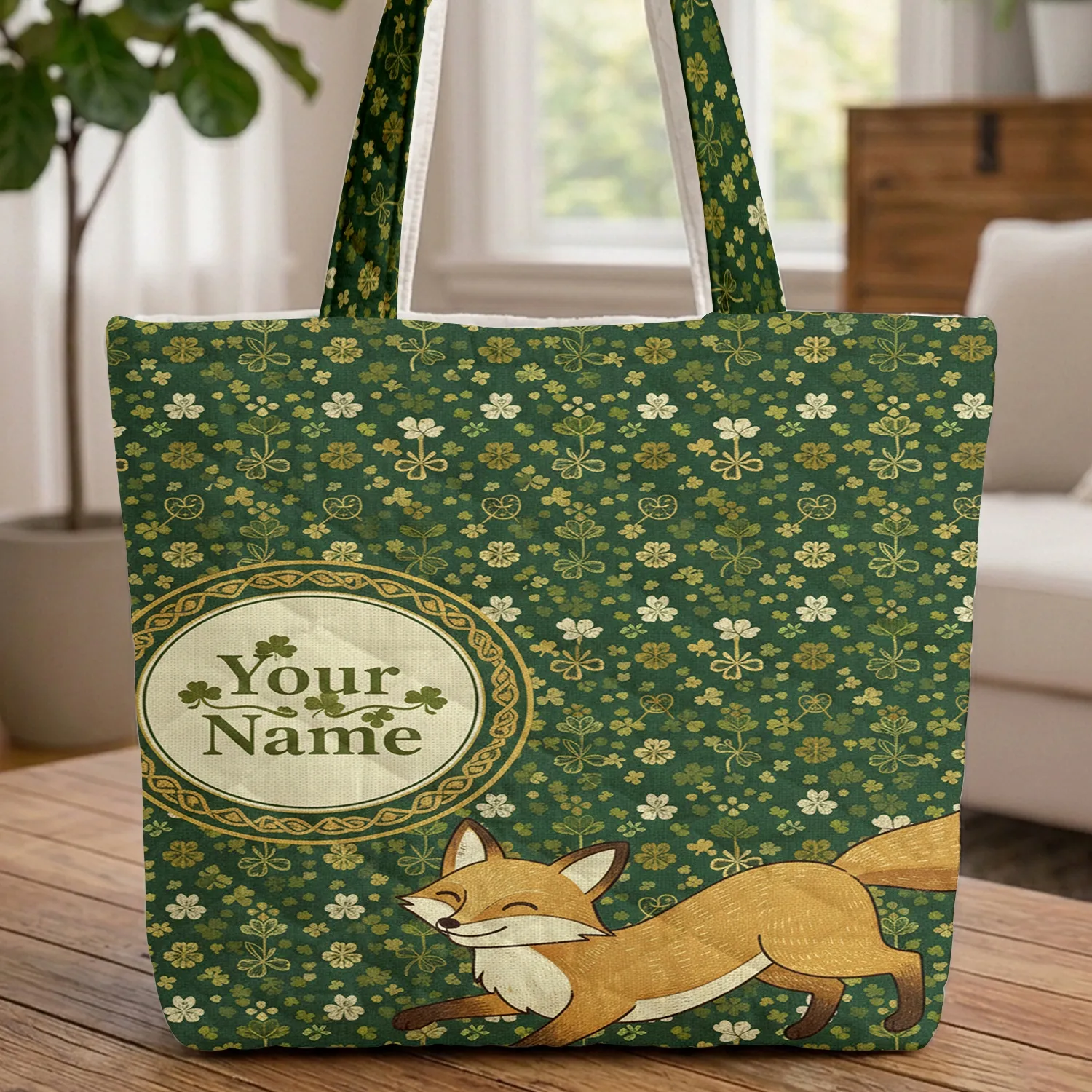 Adorable Fox Shamrocks Wildflowers Celtic Knot Personalized Name - Wildlife Lover Gift Quilted Tote Bag - 1