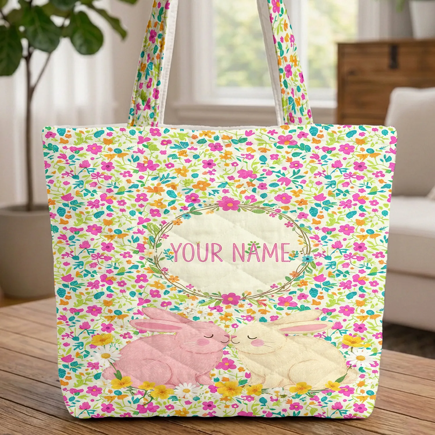 Fluffy Bunnies Wildflower Daisy Wreath - Personalized Name Gift for Kids & Nature Lovers Quilted Tote Bag - 1